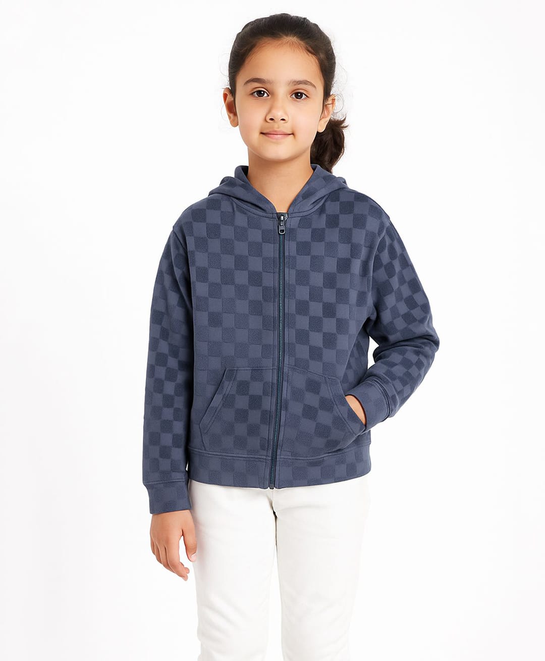 CHILINS Cotton Knit Full Sleeves Checked Pre Winter Hooded Sweatjacket - Blue-picture-28