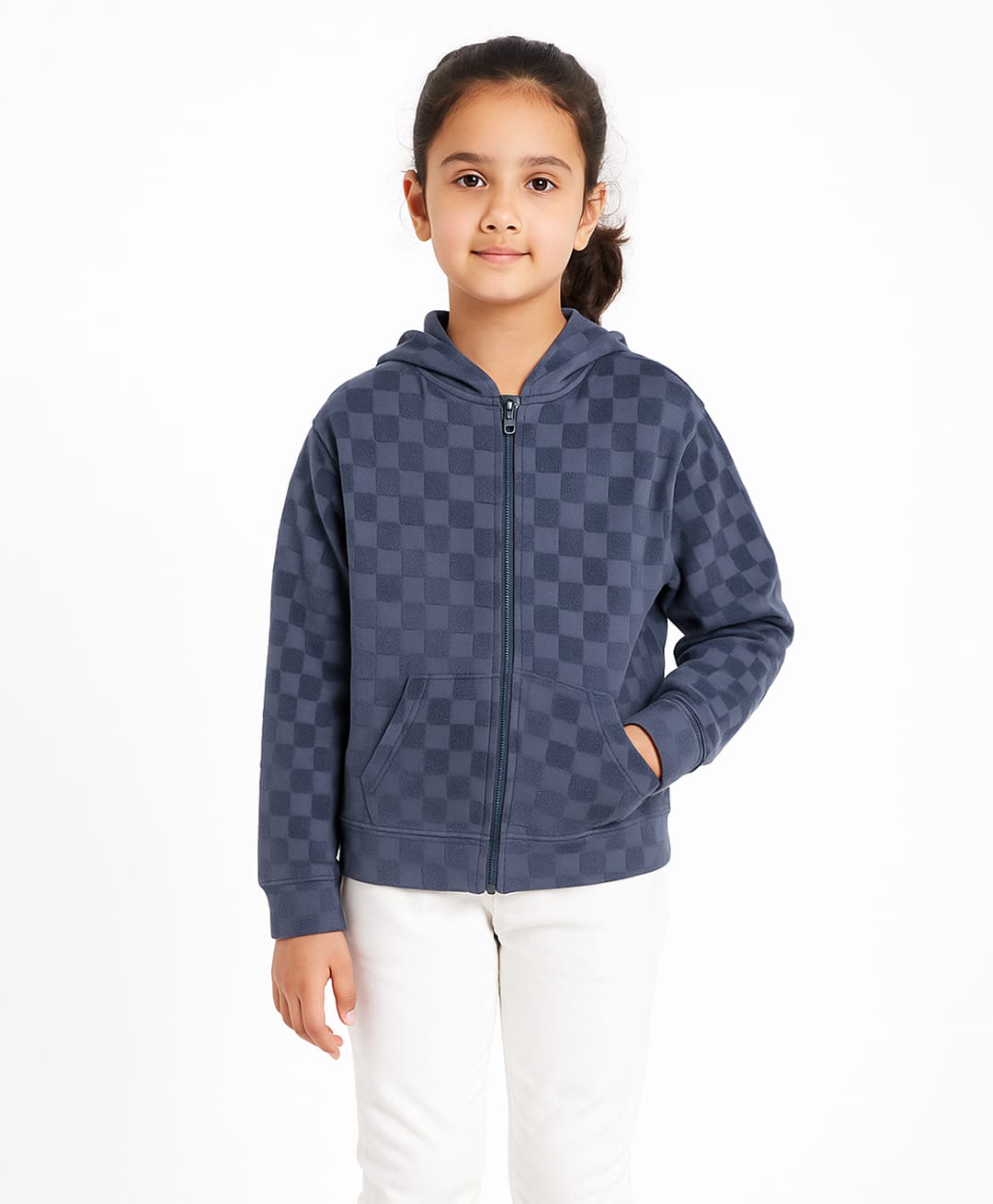 CHILINS Cotton Knit Full Sleeves Checked Pre Winter Hooded Sweatshirt - Blue-image-18