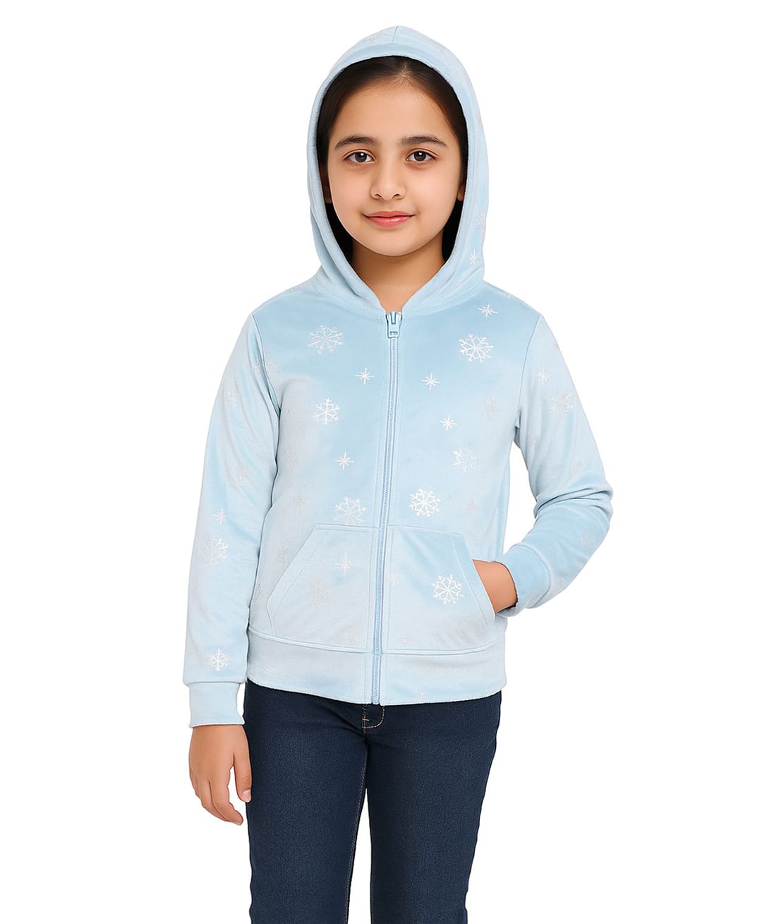 CHILINS Cotton Knit Full Sleeves Snow Flakes Printed Pre Winter Hooded Sweatjacket - Blue-picture-17