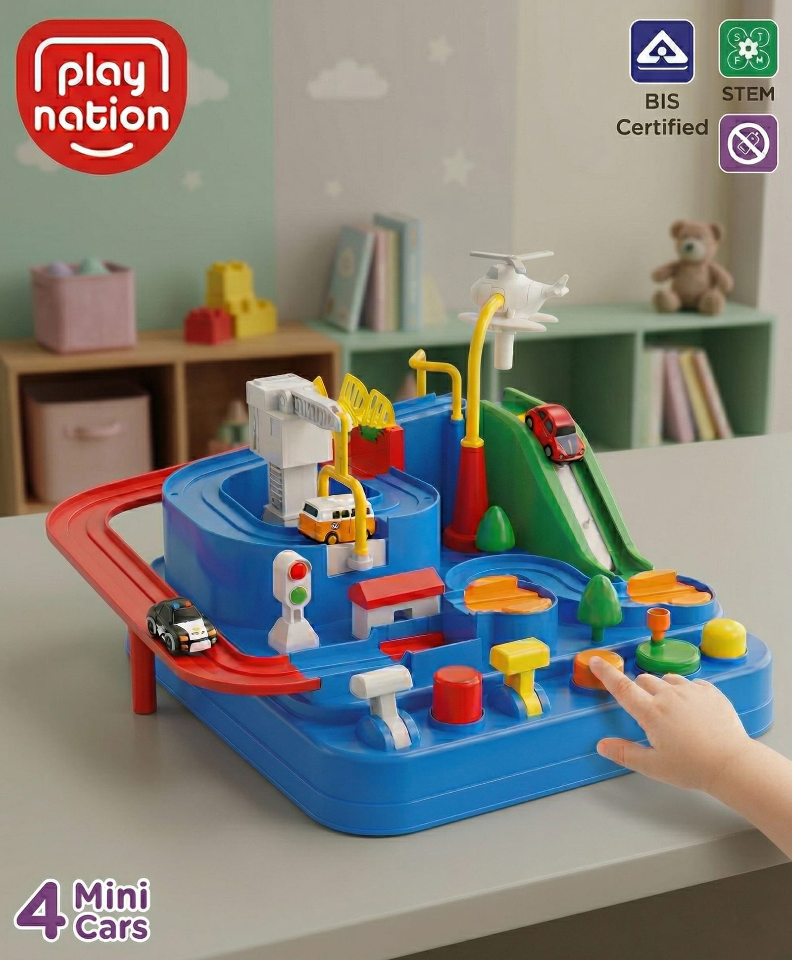 Play Nation Car Adventure Toy Track Set & 4 Cars- Blue| 4-Level Vehicle Racing Maze with Mini Cars| Interactive Hand-Eye Coordination & Puzzle Game for Kids 3+ Years|Fun Learning Gift for Boys & Girls-picture-47