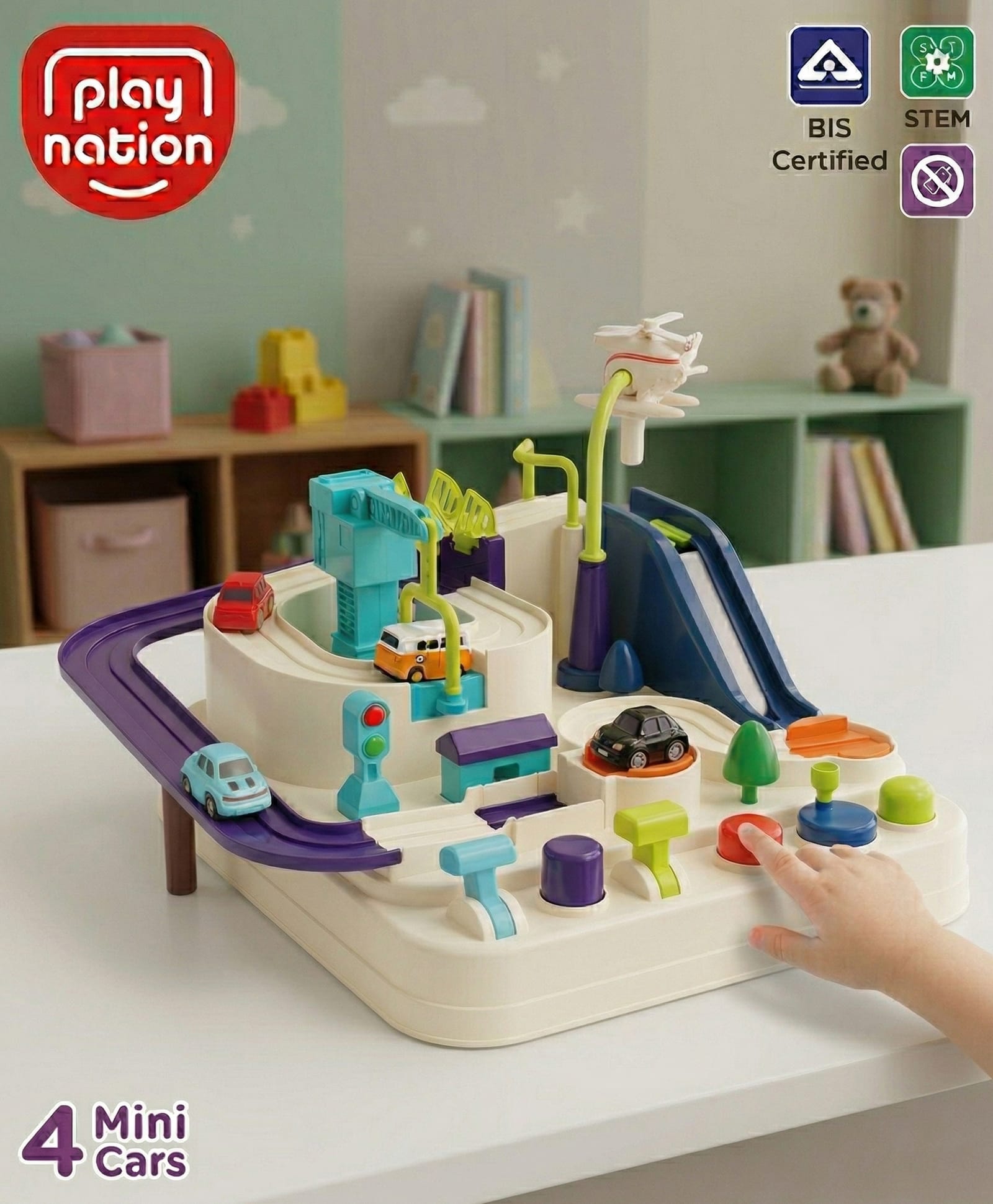 Play Nation Car Adventure Toy Track Set & 4 Cars- White| 4-Level Vehicle Racing Maze with Mini Cars| Interactive Hand-Eye Coordination & Puzzle Game for Kids 3+ Years|Fun Learning Gift for Boys & Girls-image-44