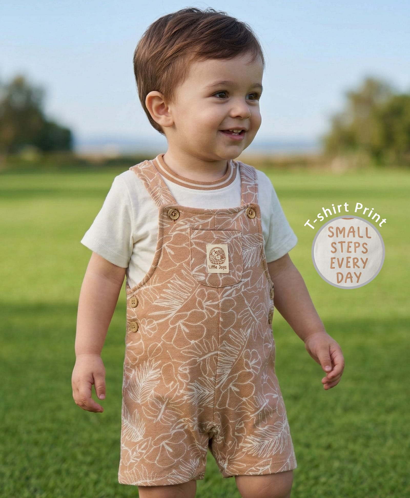Babyoye 100% Cotton Knit Half Sleeves T-Shirt & Dungaree with Floral Print - Tan-image-21