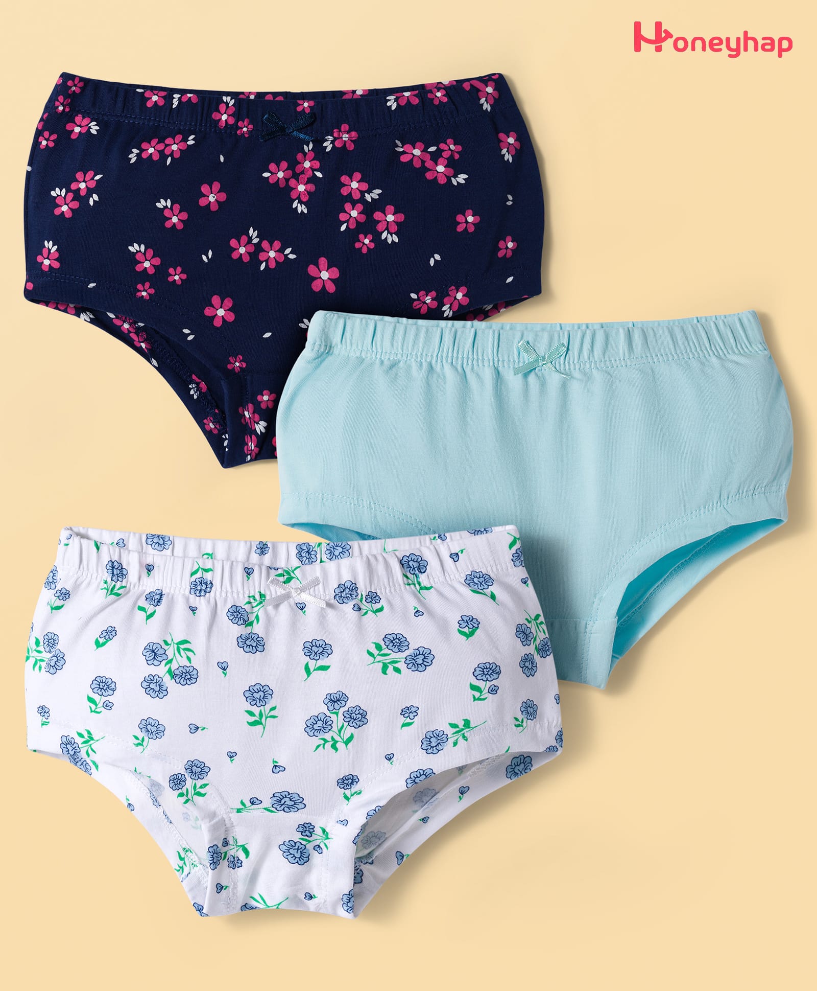 Honeyhap Premium Cotton Elastane Knit Solid & Floral Printed Panties With Bio Finish Pack of 3 - Bright White Spun Sugar & Navy Peony-picture-13