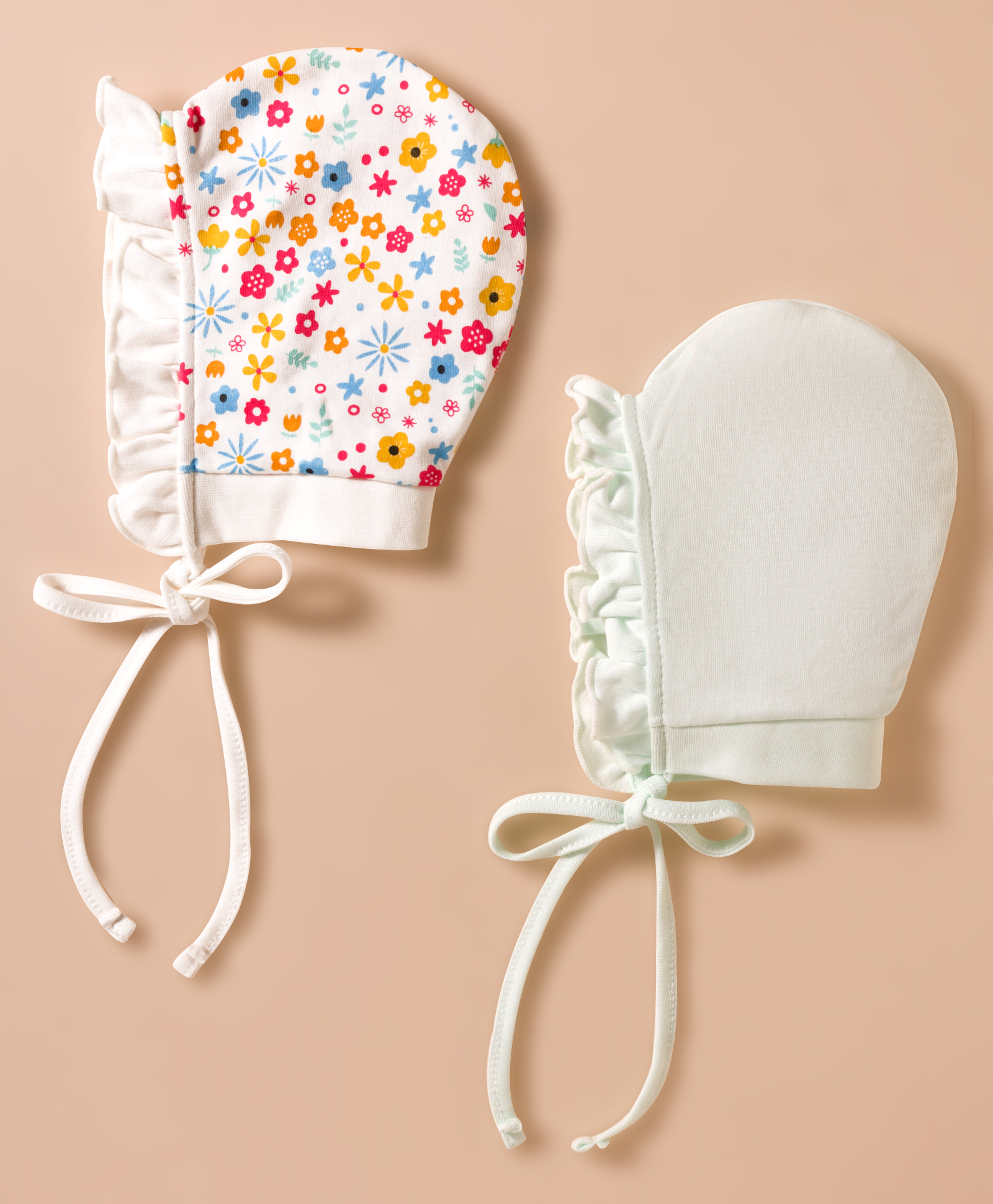 Ben Benny Interlock Knit Caps with Knot Solid & Floral Print Pack of 2 White & Off White - Diameter 10.5 cm-image-13