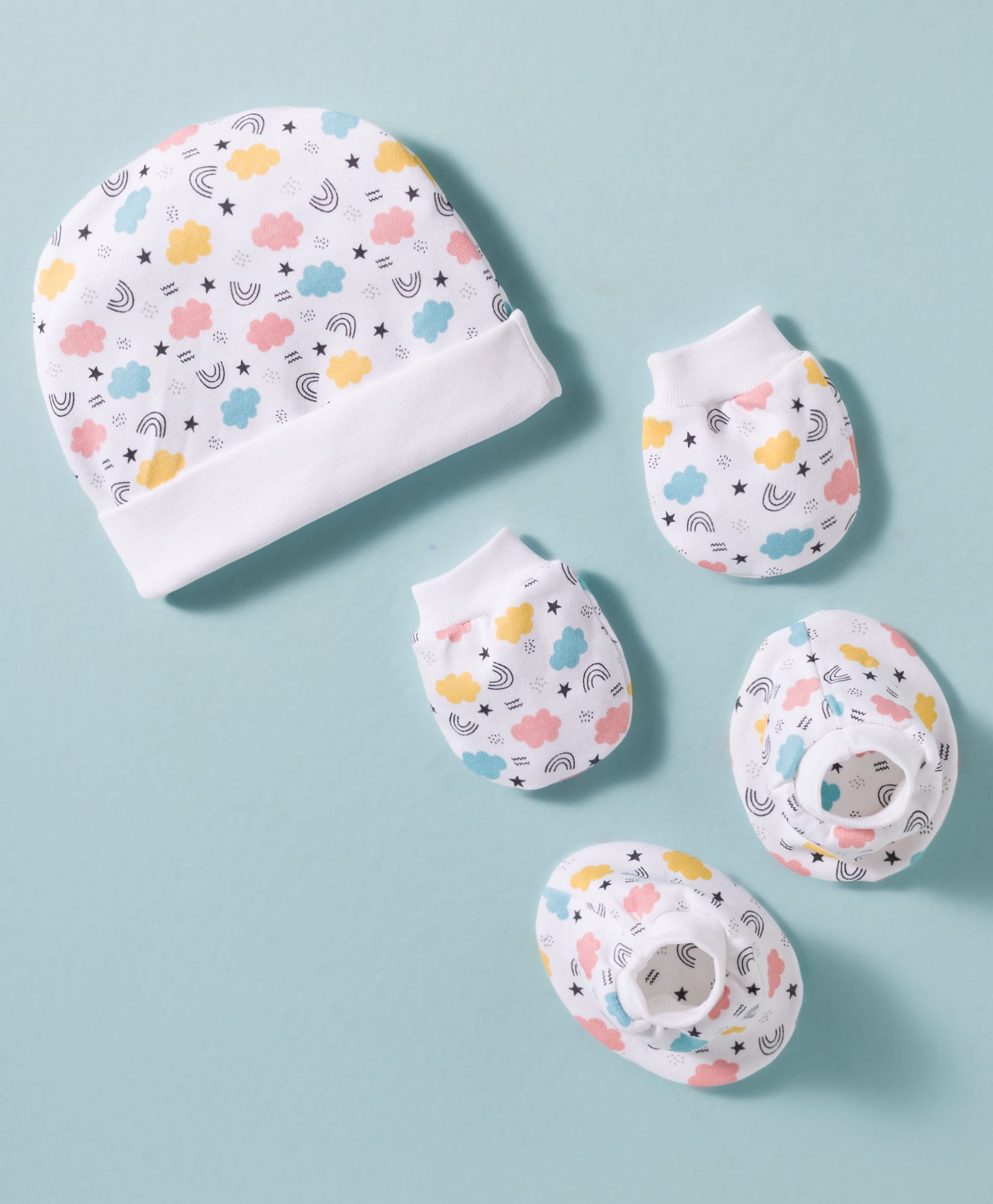 Ben Benny Interlock Knit Rainbow & Clouds Printed Cap Mittens & Booties Set White - Diameter 10 cm-image-40