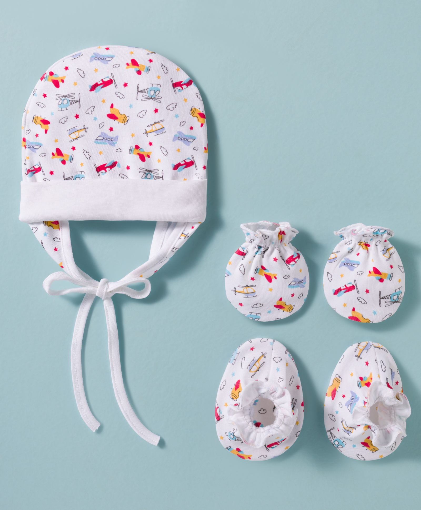 Ben Benny Single Jersey Knit Single Layer Cap with Knot Cover Ears Mitten & Booties Set with Aeroplane Print White - Diameter 10.5 cm-image-27