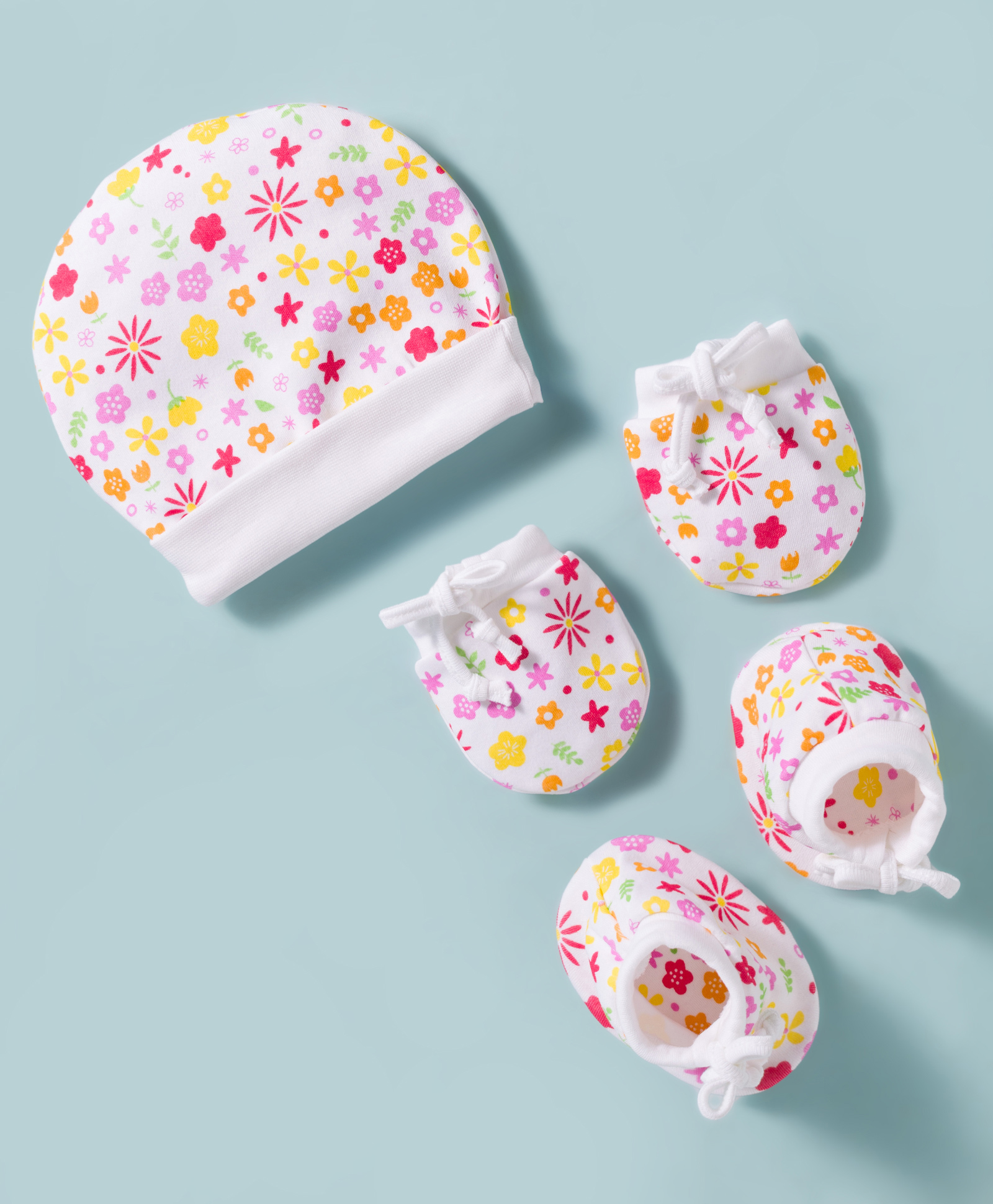 Ben Benny Single Jersey Knit Single Layer Cap Mitten & Booties Set with Floral Print White - Diameter 10.5 cm-image-3