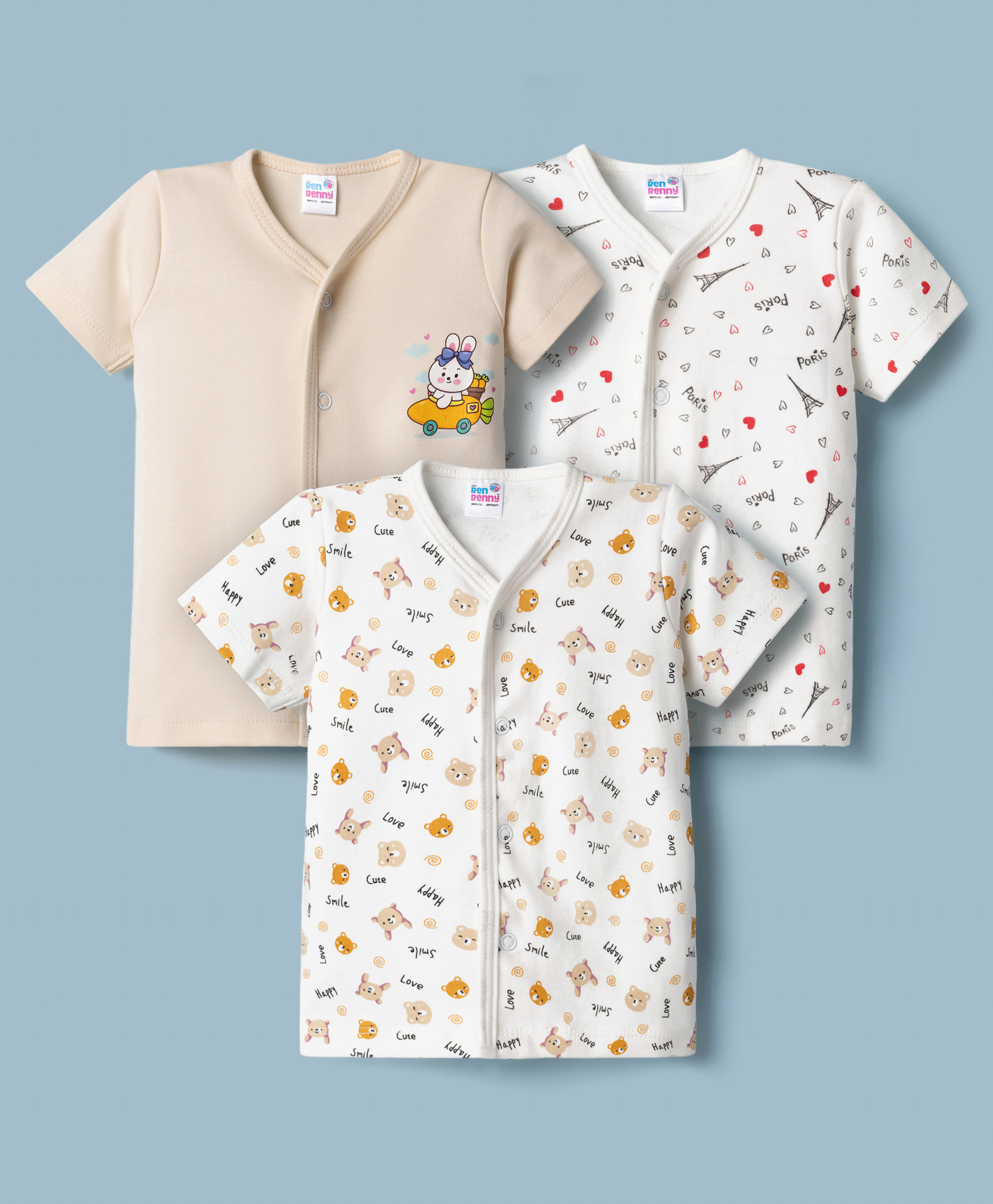 Ben Benny Interlock Knit Half Sleeves Animal Tower Print Pack of 3 - White & Beige-image-37