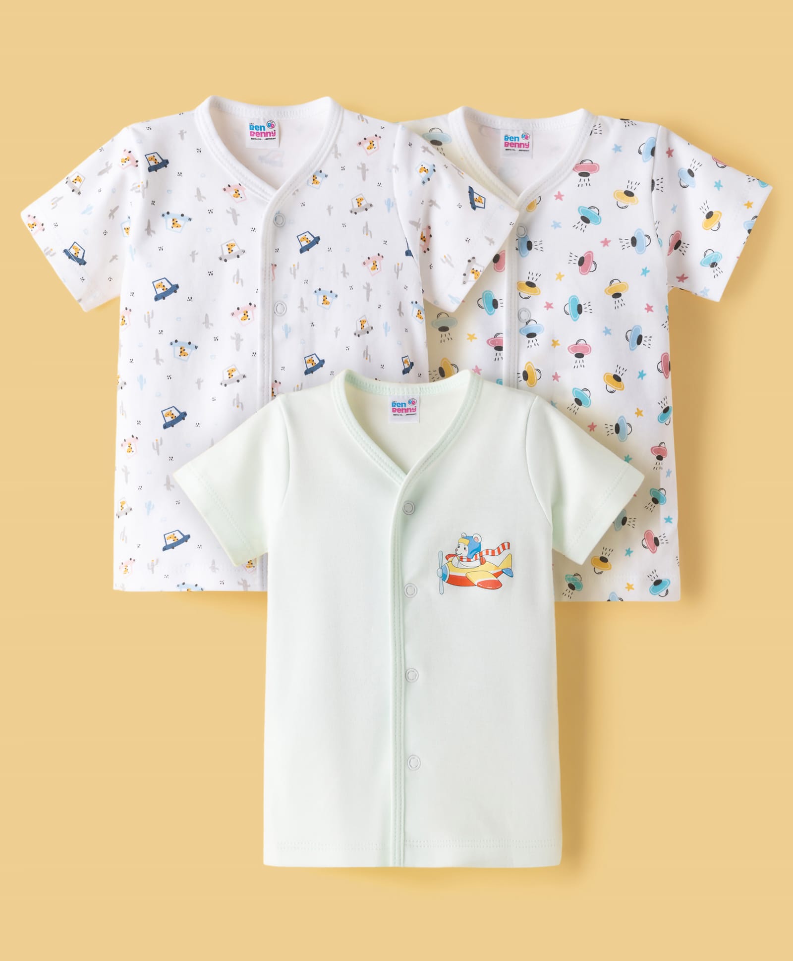 Ben Benny Interlock Knit Half Sleeves Vehicles & Animals Printed Jhablas Pack of 3 - Multicolour-picture-34
