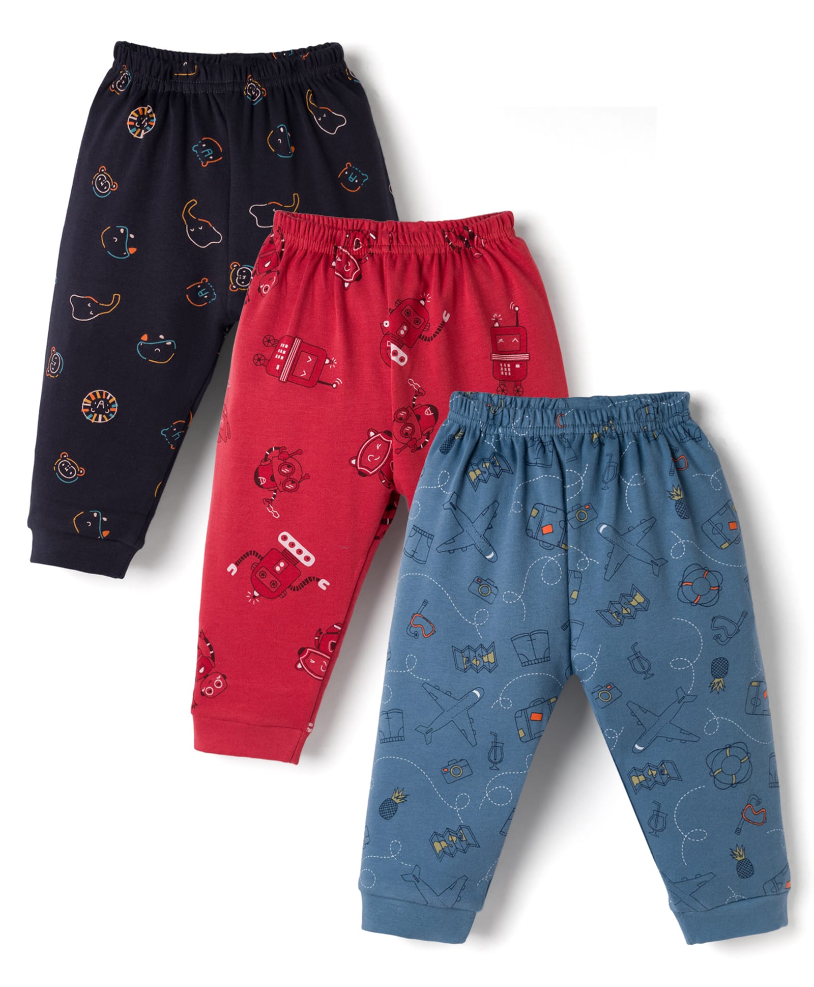 Zero Knitted Full Length Aeroplane Animals & Robot Printed Lounge Pants Pack Of 3 - Charcoal Grey Red & Blue-image-28