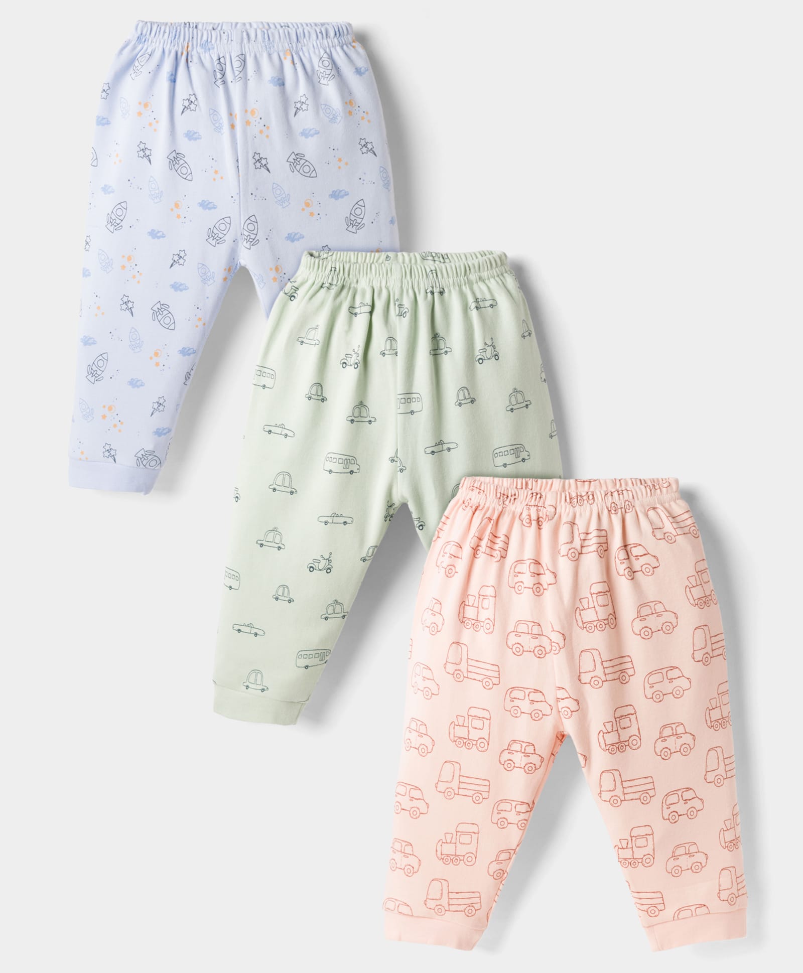 Zero Knitted Full Length Lounge Pants with Car & Rocket Prints Pack of 3 - Pink Green & Blue-image-45