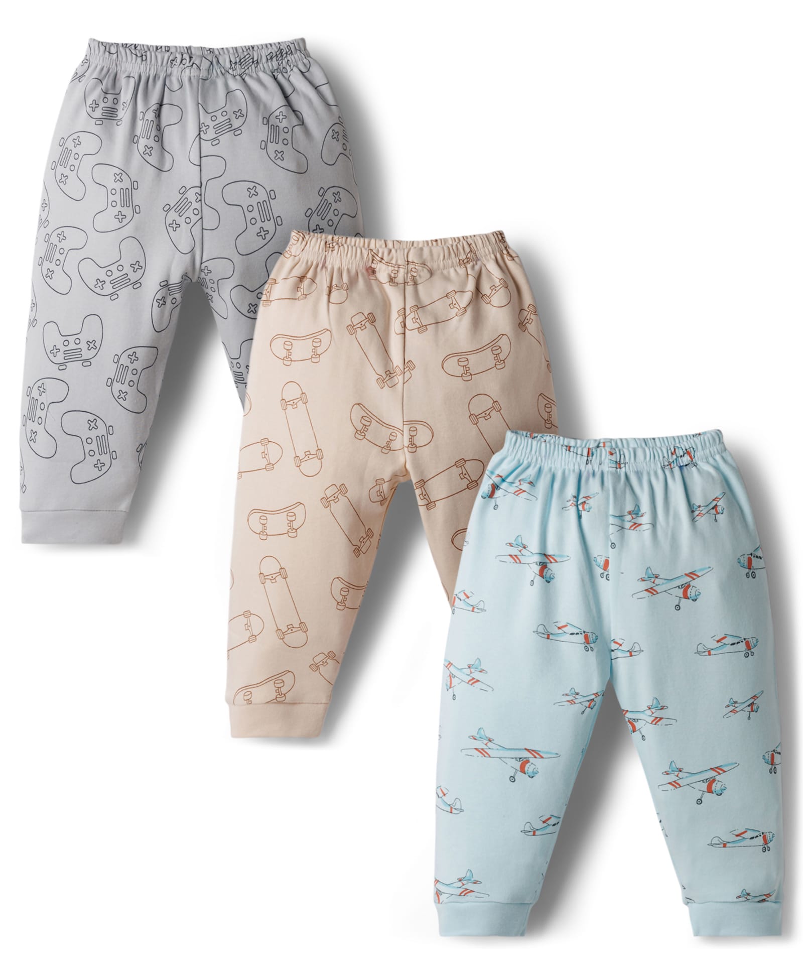Zero Knitted Full Length Lounge Pants with Aeroplane & Skateboard Prints Pack of 3 - Light Brown Grey & Blue-picture-25