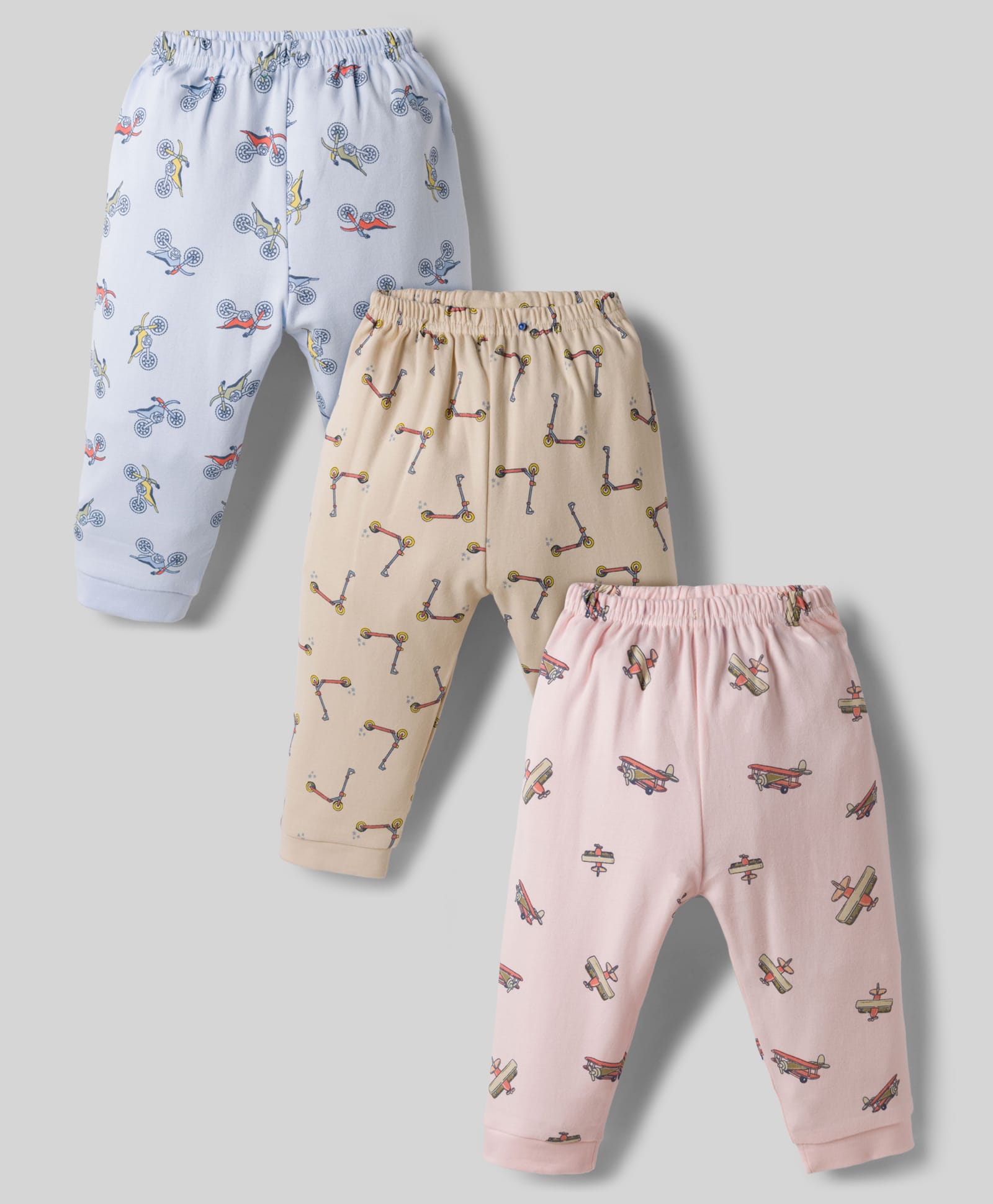 Zero Knitted Full Length Lounge Pants with Aeroplane & Bike Prints Pack of 3 - Baby Pink Beige & Blue-picture-17