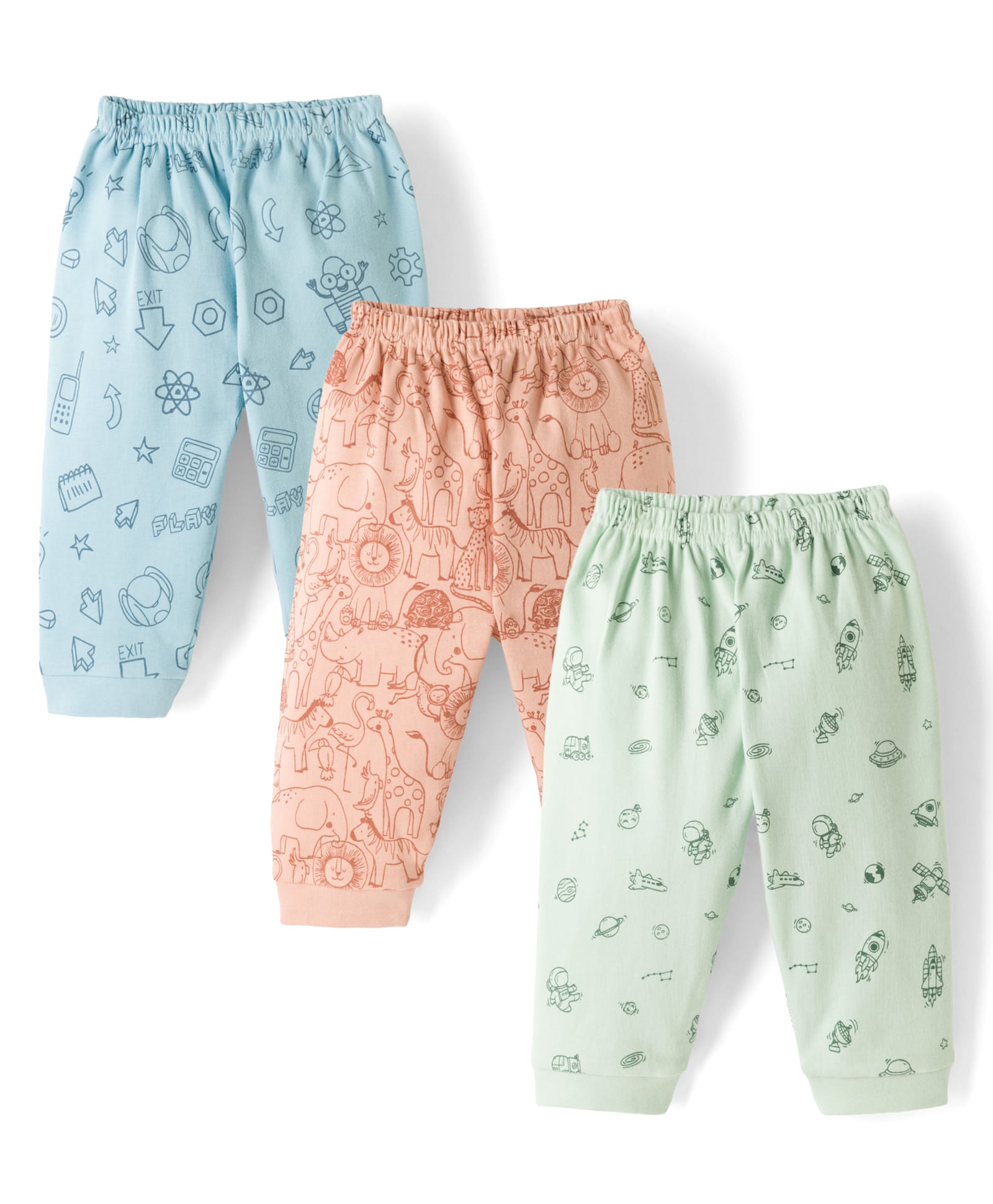 Zero Knitted Full Length Lounge Pants with Animal & Rocket Prints Pack of 3 - Aqua Blue Mint & Light Brown-picture-19