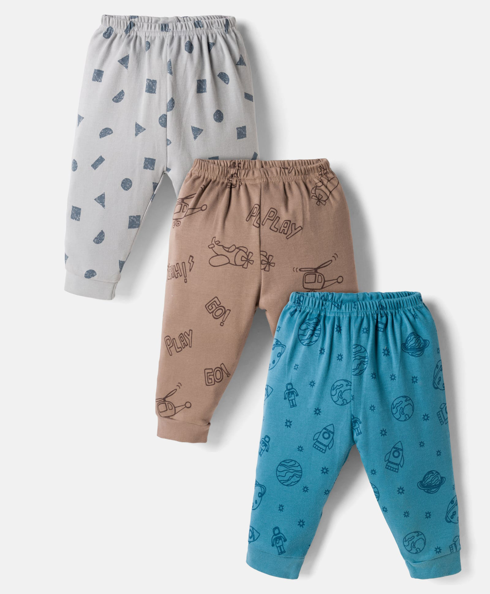 Zero Knitted Full Length Lounge Pants with Space Theme Print Pack of 3 - Silver Teal Blue & Brown-image-25