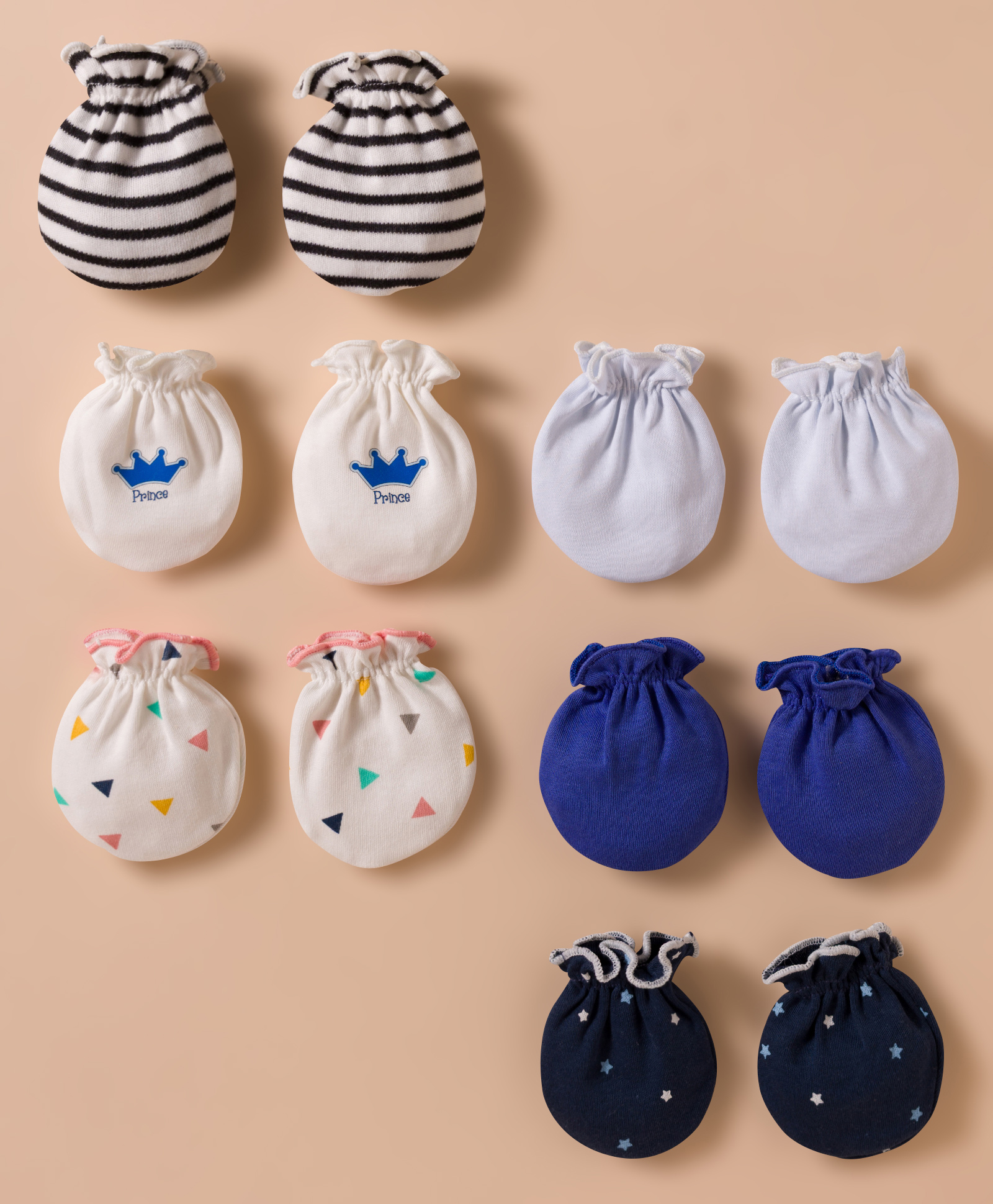 Ben Benny Interlock Knit Mittens with Striped Star & Crown Print Pack of 6 - White & Blue-image-38