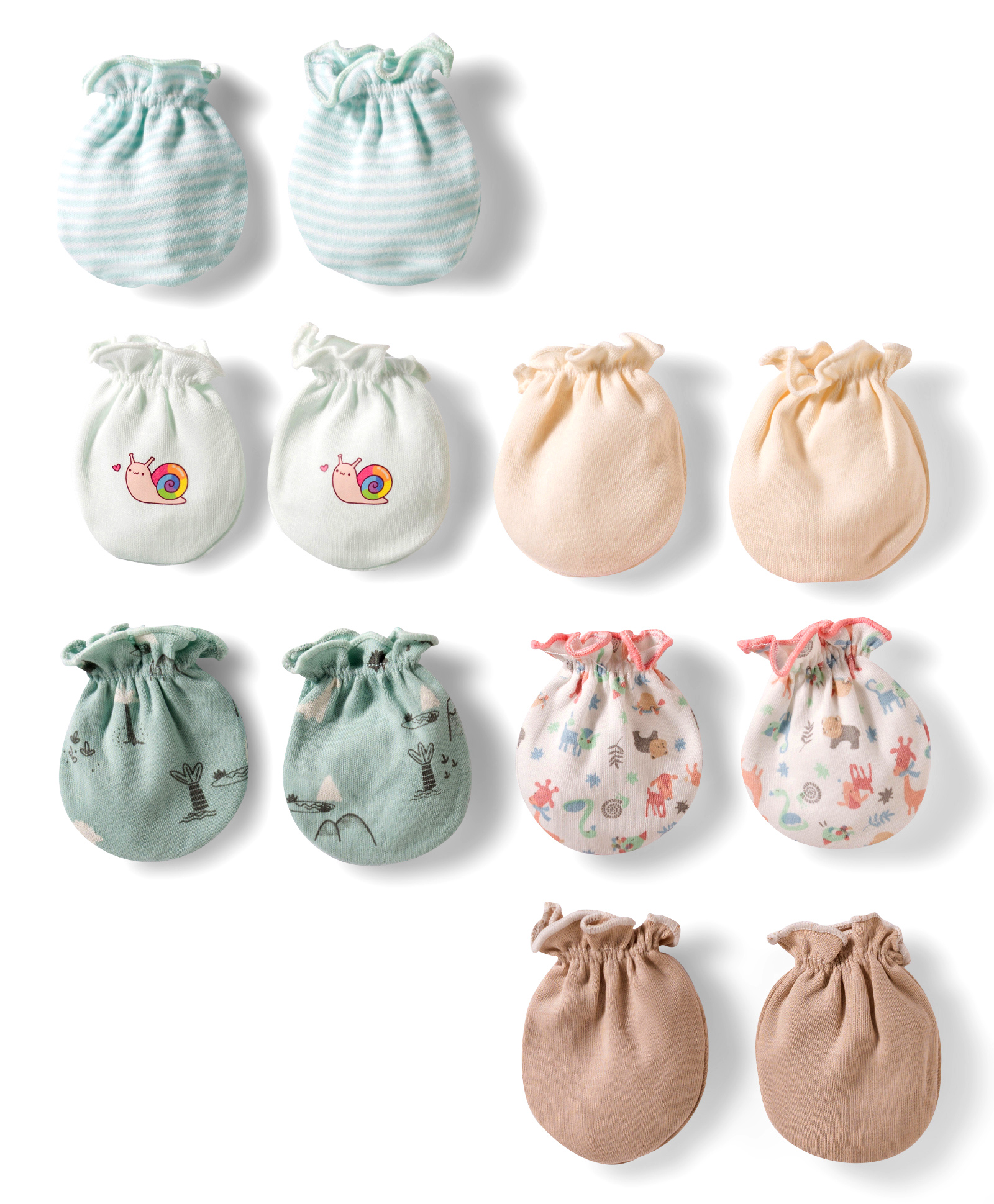 Ben Benny Interlock Knit Mittens with Solid Striped & Animal Print Pack of 6 - White & Peach-image-29