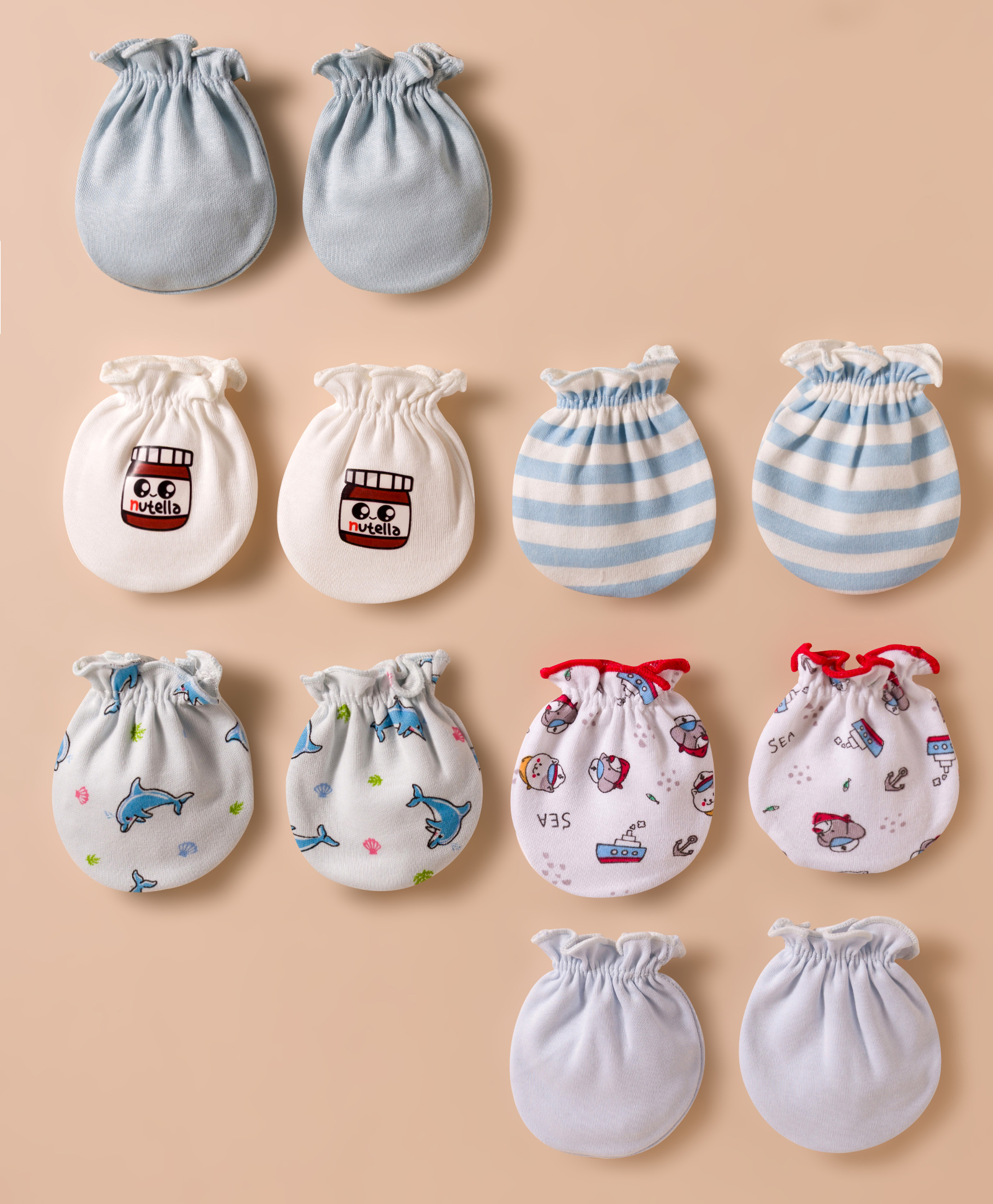 Ben Benny Interlock Knit Mittens with Solid Striped & Nautical Theme Print Pack of 6 - White & Beige-image-44