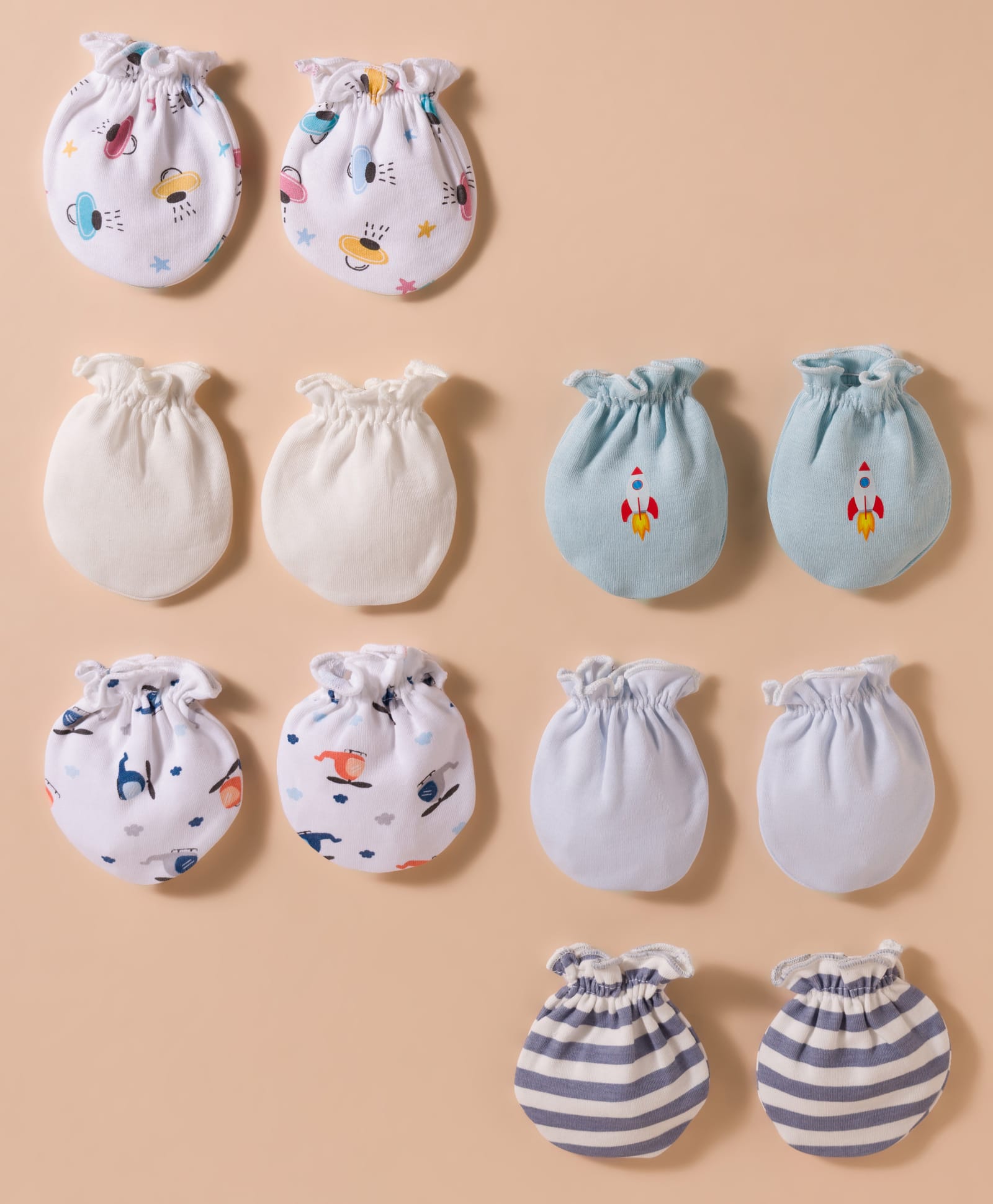 Ben Benny Interlock Knit Mittens with Solid Striped & Space Theme Print Pack of 6 - White & Beige-image-35