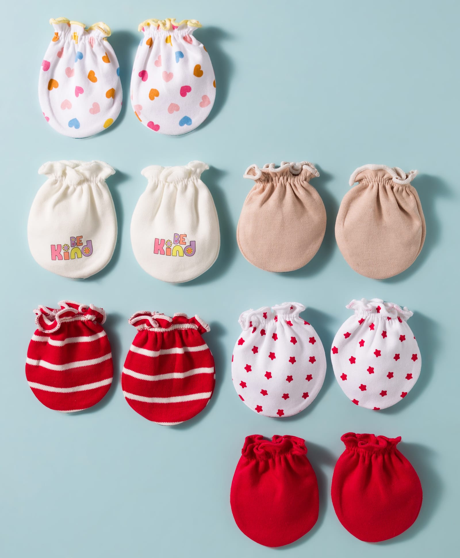 Ben Benny Interlock Knit Mittens with Solid Striped & Heart Print Pack of 6 - White & Red-image-15