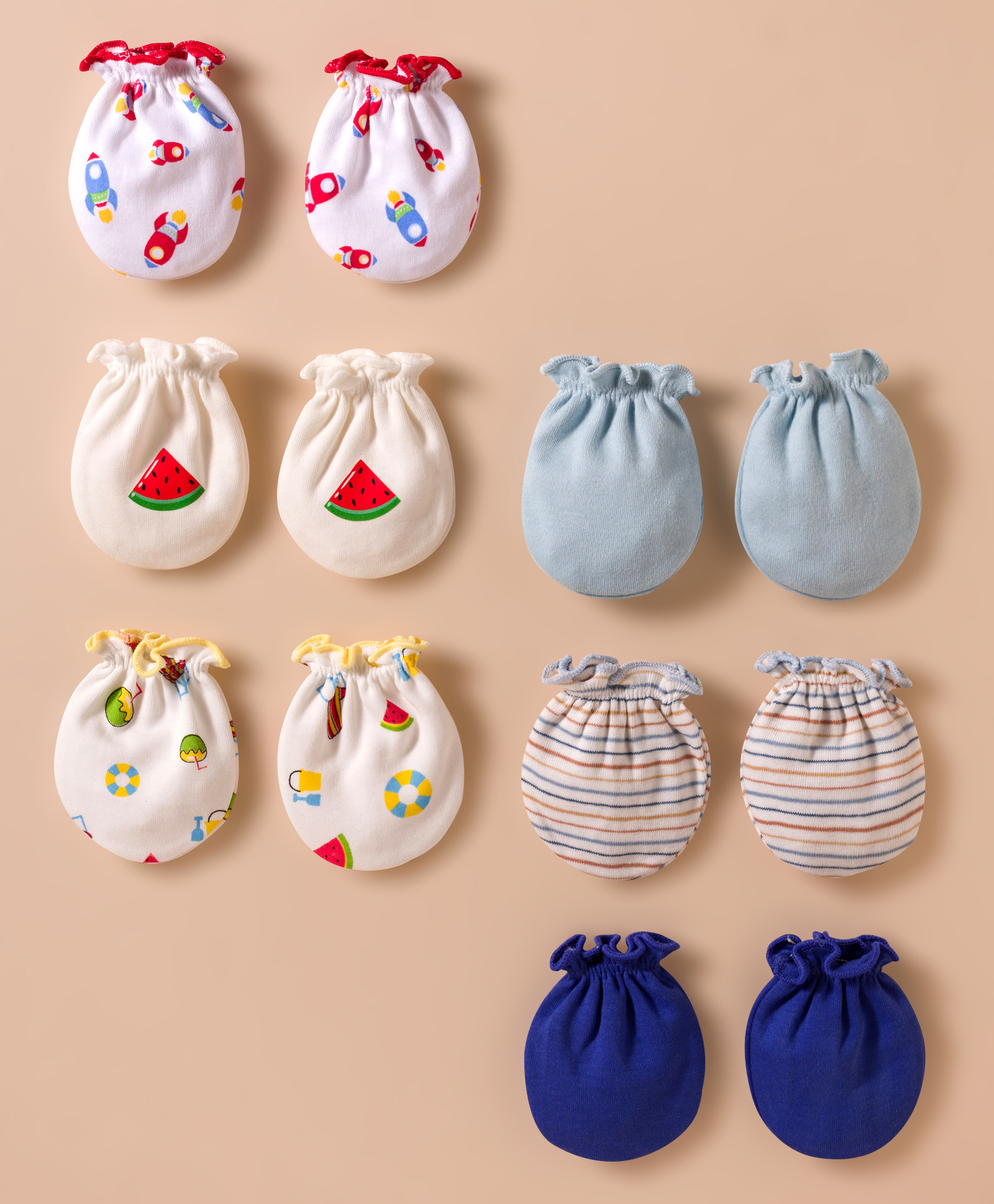 Ben Benny Interlock Knit Mittens with Solid Striped & Rocket Print Pack of 6 - White & Blue-image-42