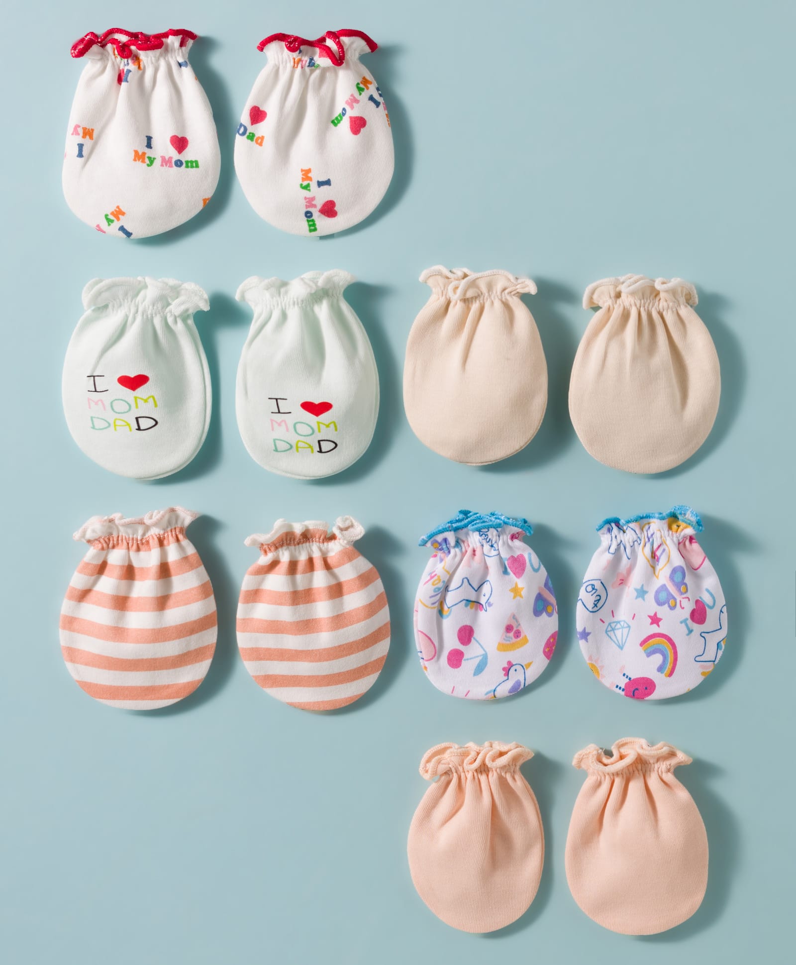 Ben Benny Interlock Knit Mittens with Solid Striped & Rainbow Print Pack of 6 - White & Beige-image-43