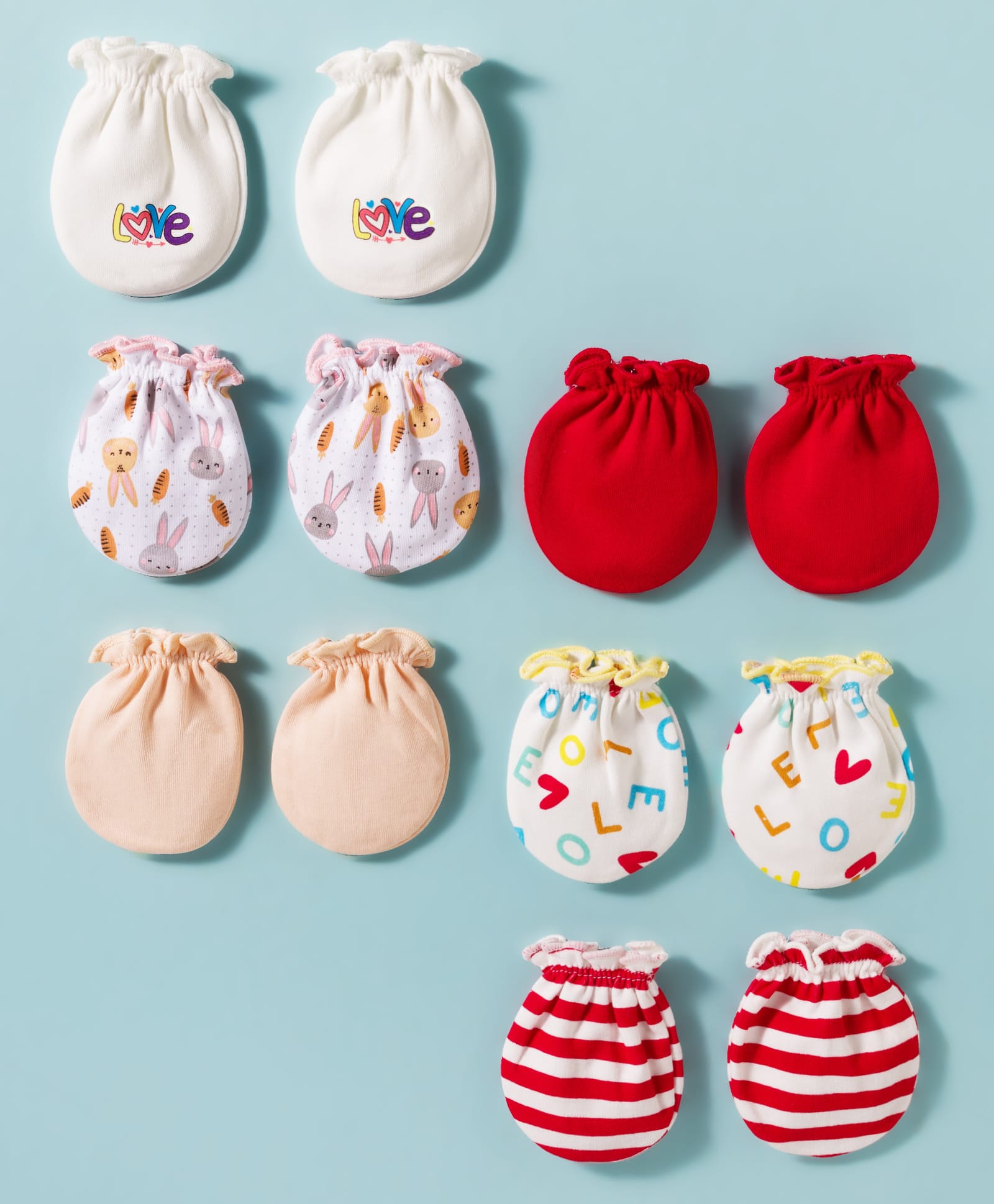 Ben Benny Interlock Knit Mittens with Solid Striped & Bunny Print Pack of 6 - White & Red-image-30