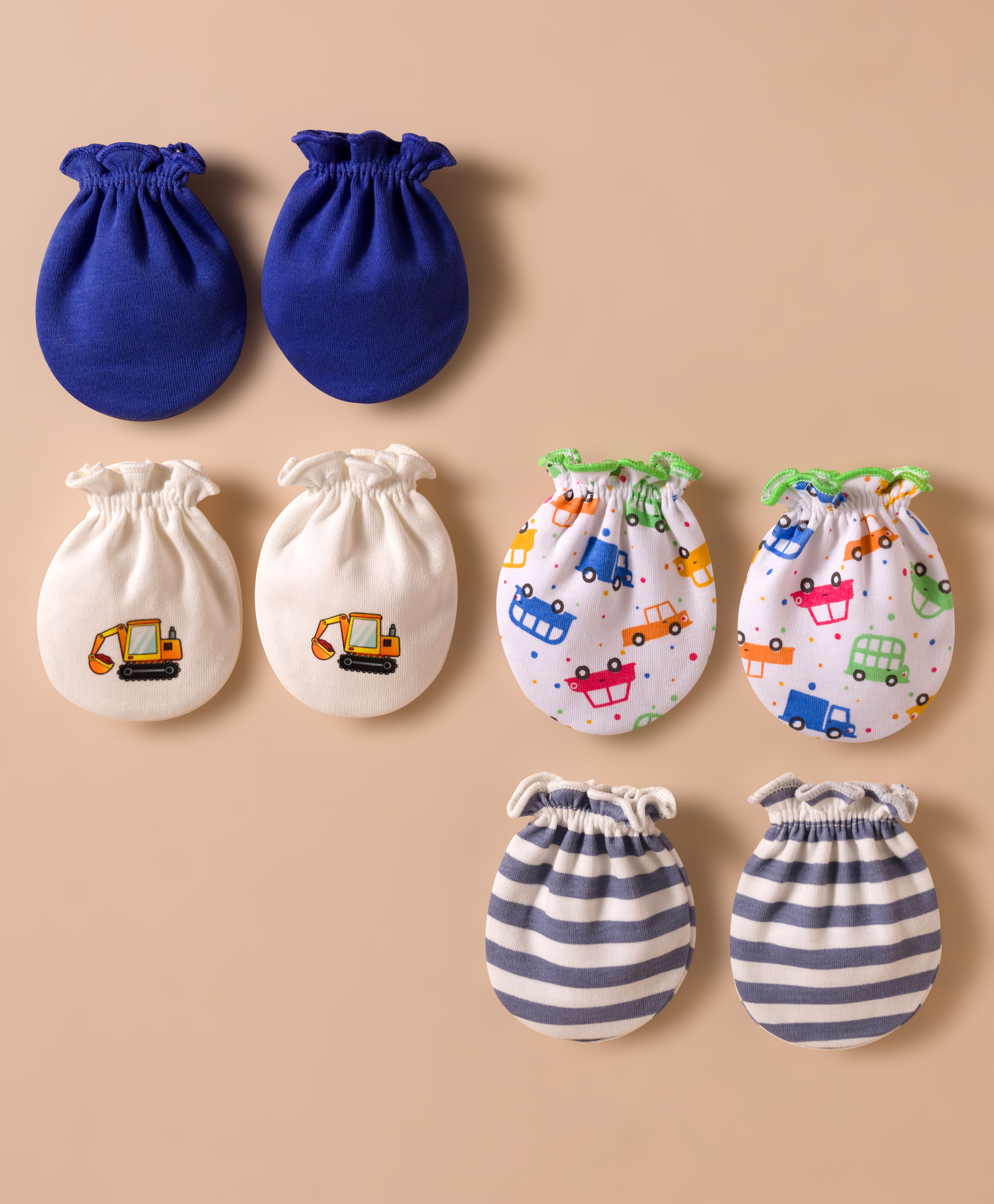 Ben Benny Interlock Knit Mittens with Solid Striped & Vehicle Print Pack of 4 - White & Navy Blue-image-49