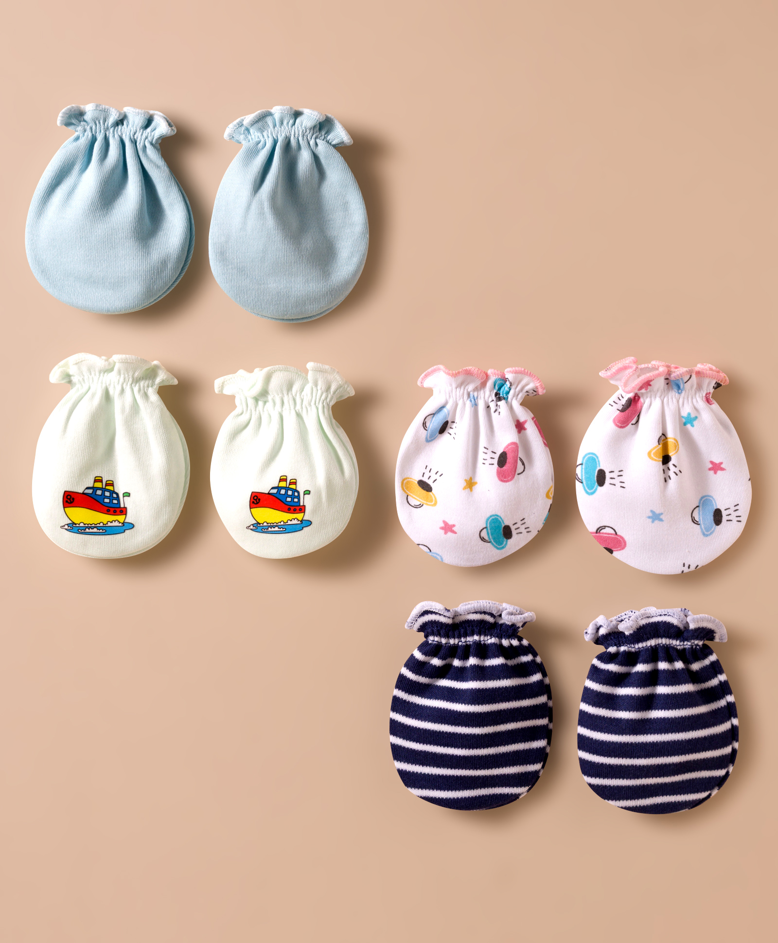 Ben Benny Interlock Knit Mittens with Solid Striped & Space Theme Print Pack of 4 - White & Blue-picture-22