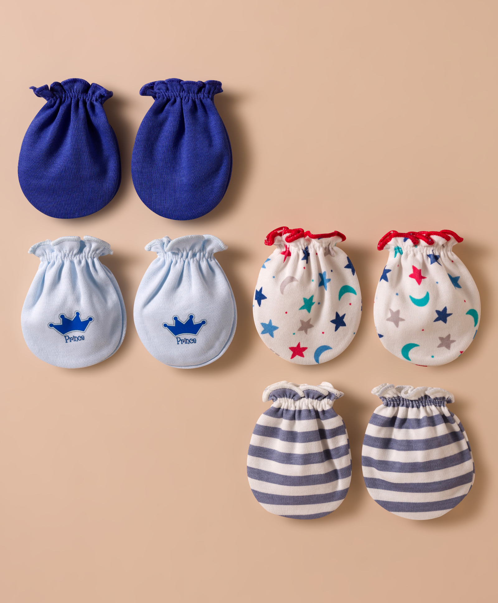 Ben Benny Interlock Knit Mittens with Solid Striped & Space Theme Print Pack of 4 - White & Navy Blue-picture-26