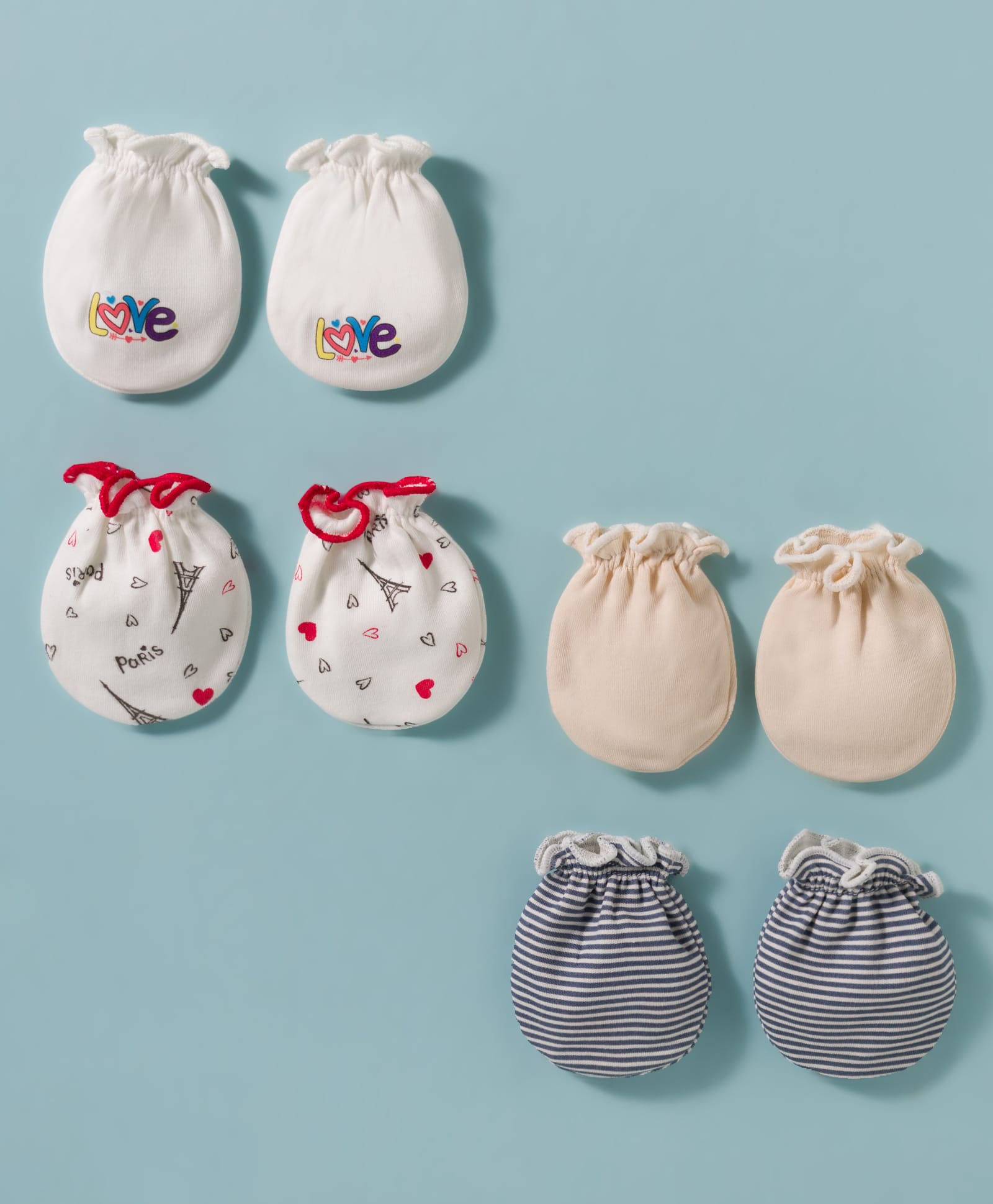 Ben Benny Interlock Knit Mittens with Solid Striped & Heart Print Pack of 4 - White Grey & Beige-image-14
