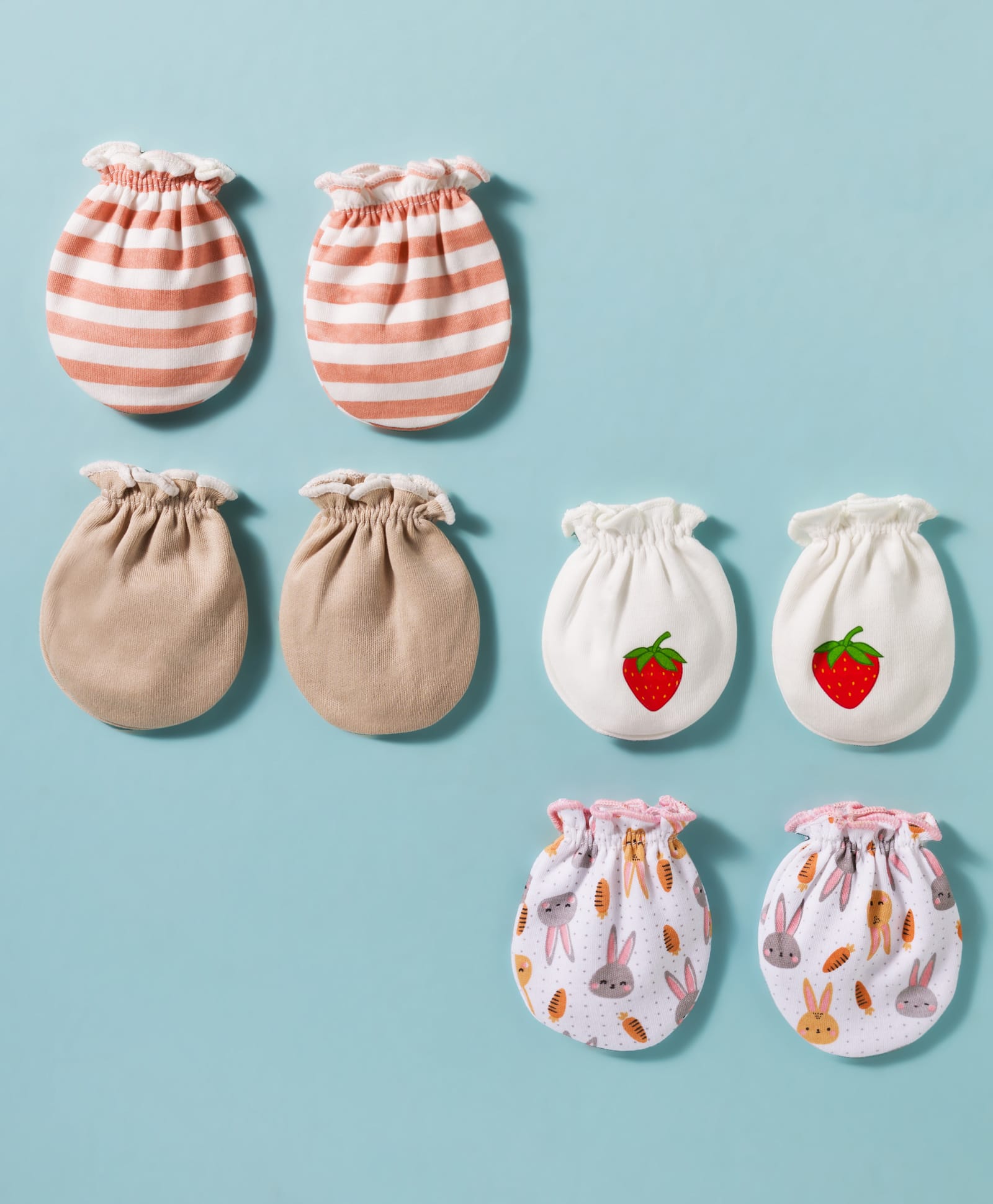 Ben Benny Interlock Knit Mittens with Solid Striped & Bunny Print Pack of 4 - White & Peach-image-31