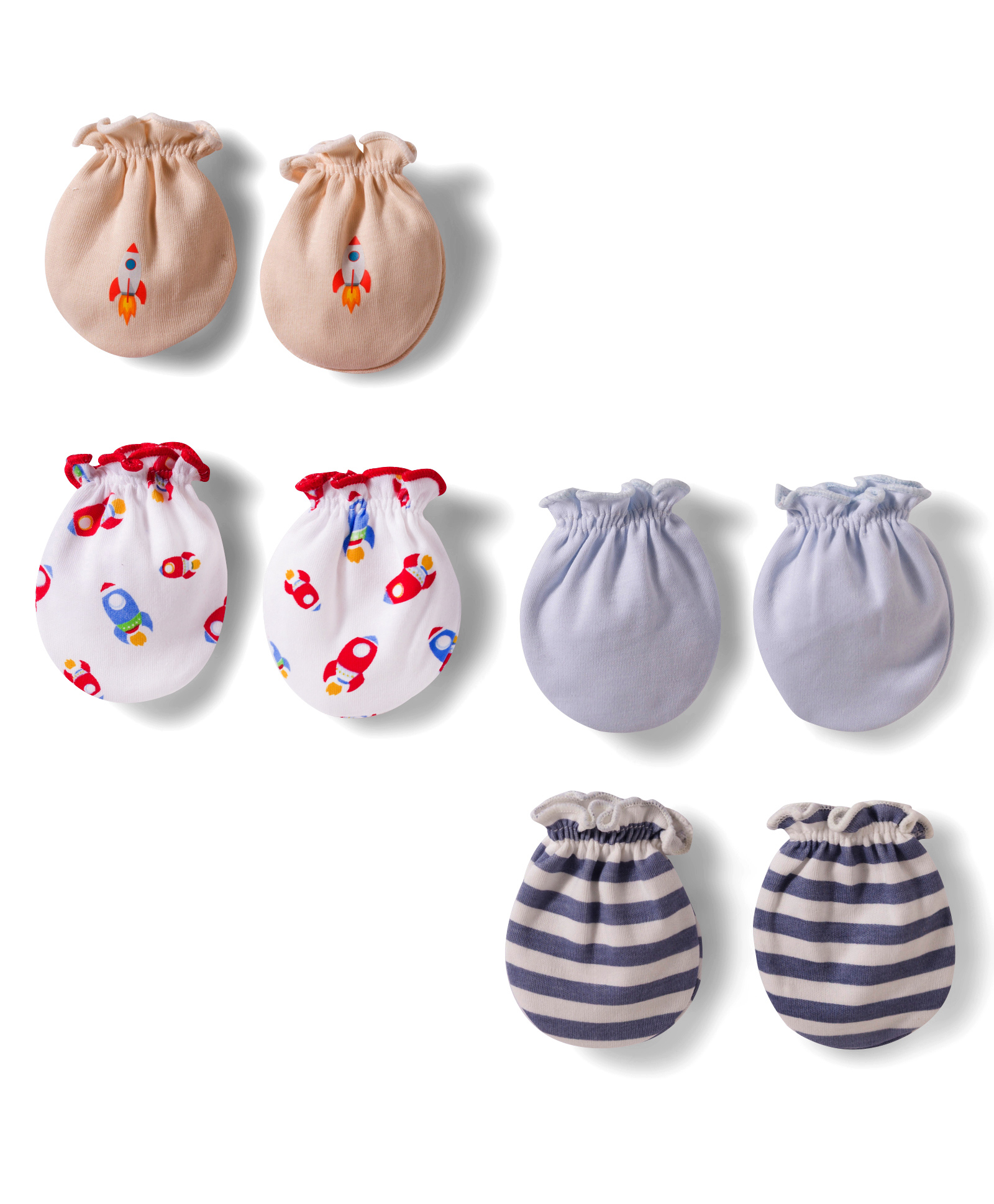 Ben Benny Interlock Knit Mittens with Solid Striped & Space Theme Print Pack of 4 - White Blue & Tan-picture-23