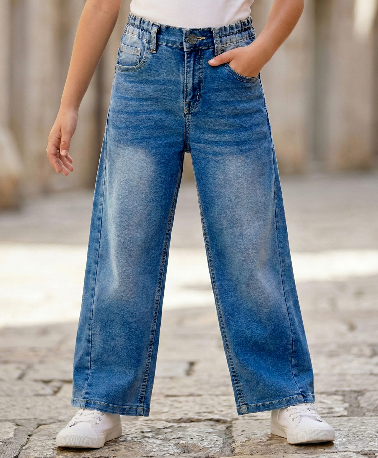 Arias Cotton Woven Full Washed Denim Wide Leg Jeans - Blue