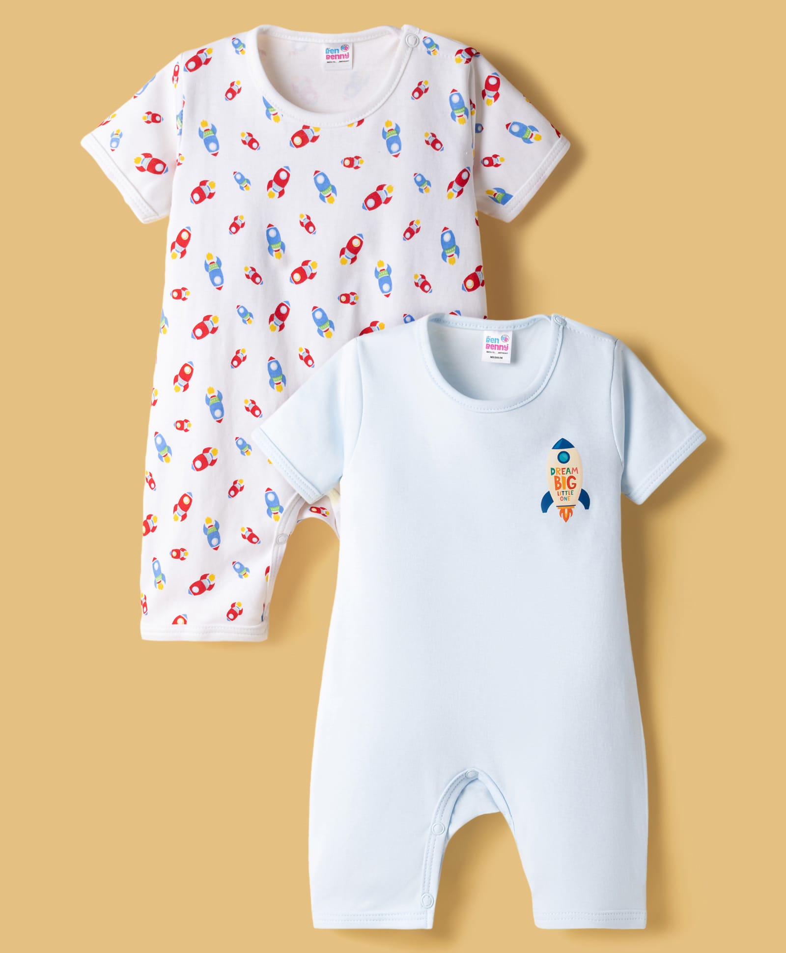 Ben Benny Interlock Knit Half Sleeves Rompers with Rocket Print Pack of 2 - Multicolor-image-16