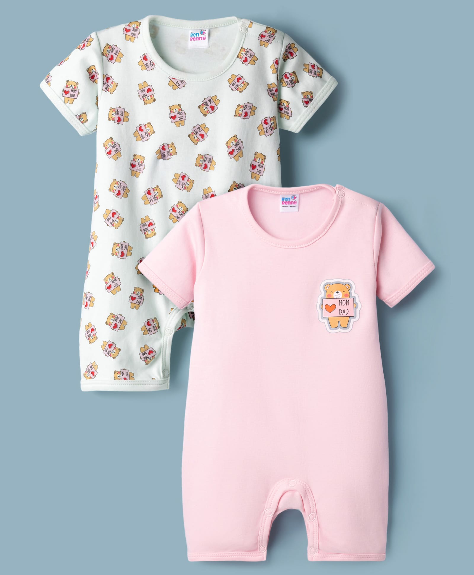 Ben Benny Interlock Knit Half Sleeves Rompers with Bear Print Pack of 2 - Multicolor-image-15