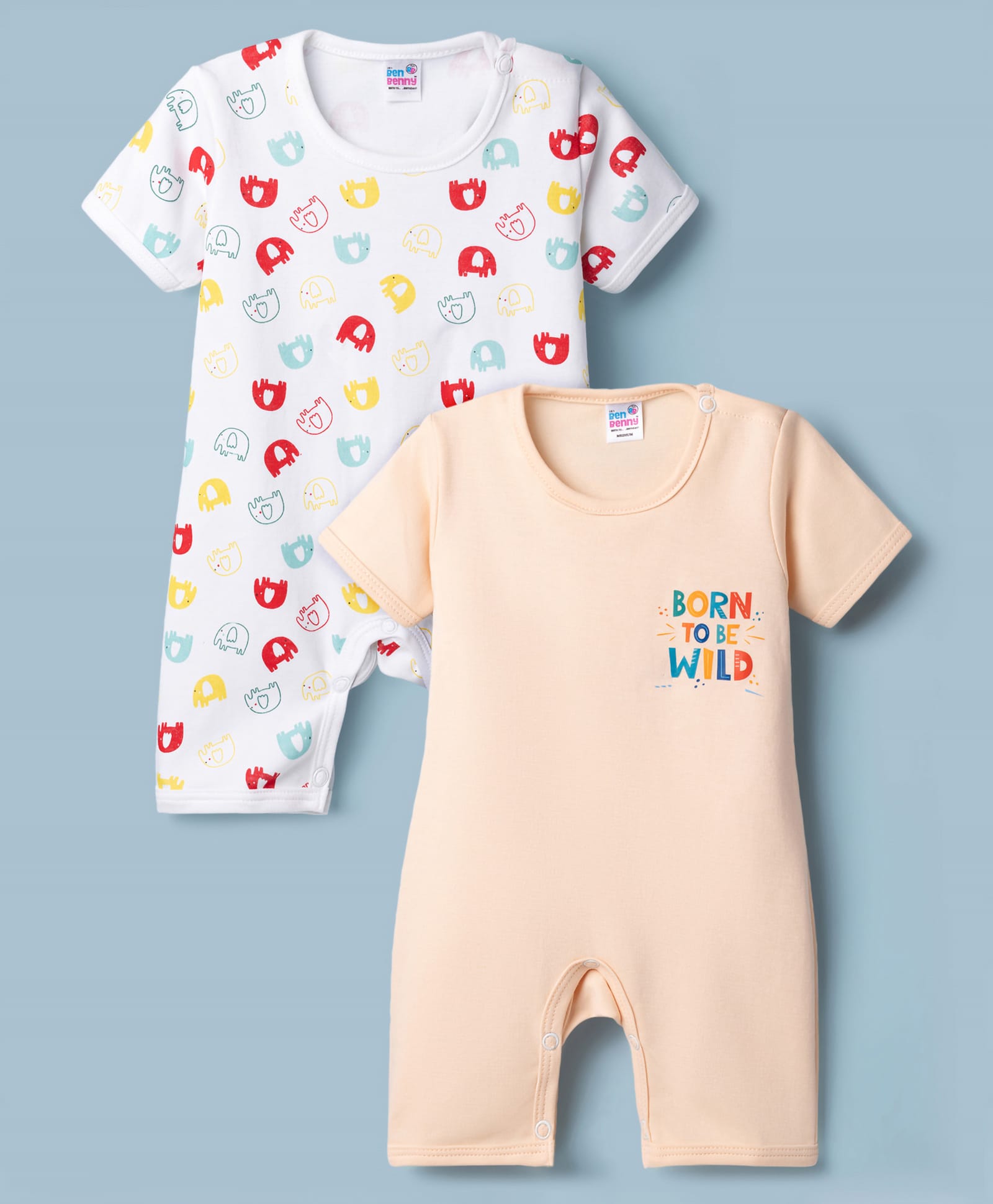 Ben Benny Interlock Knit Half Sleeves Rompers with Elephant Print Pack of 2 - Multicolor-image-17