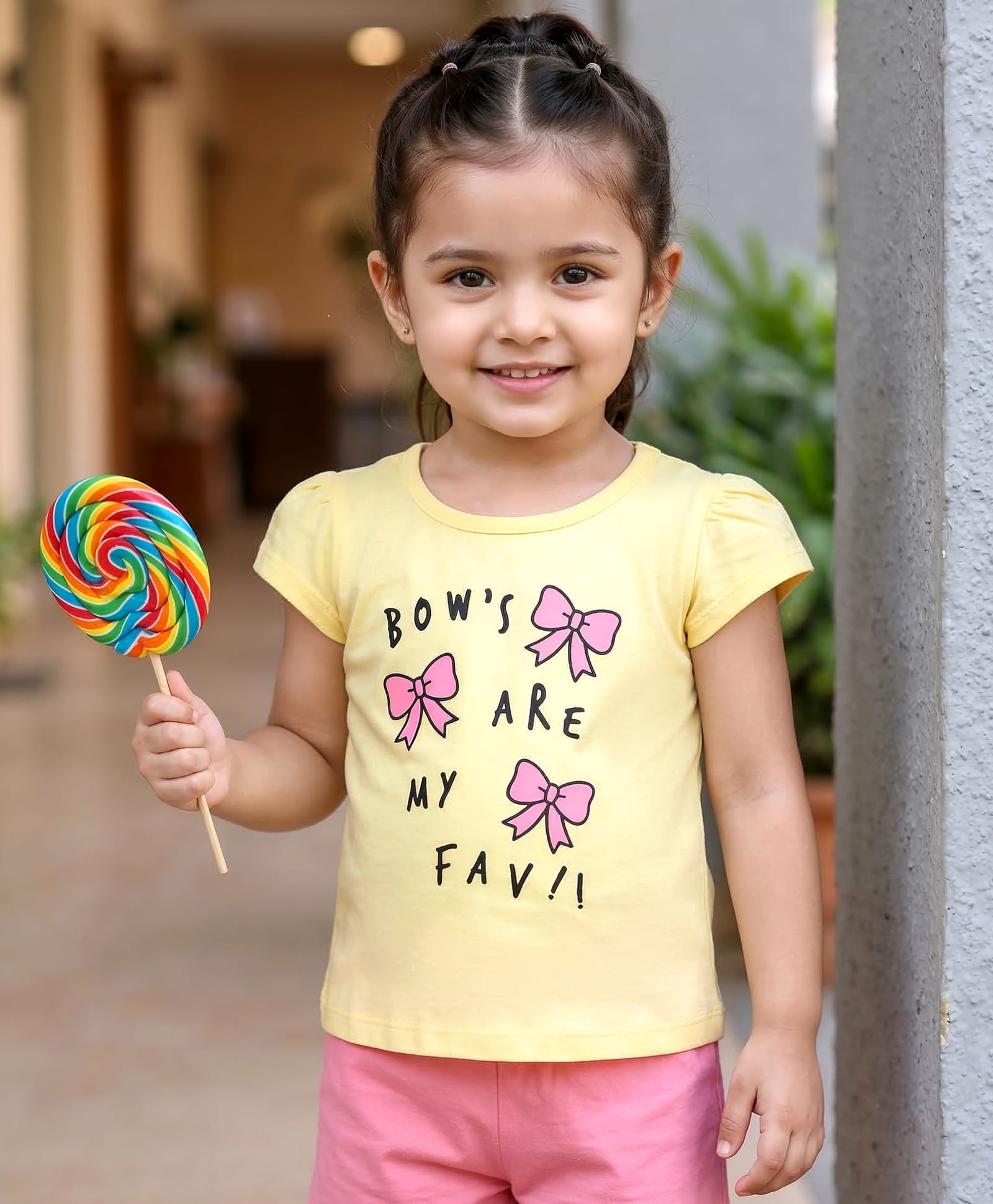 Babyhug Cotton Knit Cap Sleeves T-Shirt with Bow & Text Print - Peach-picture-24