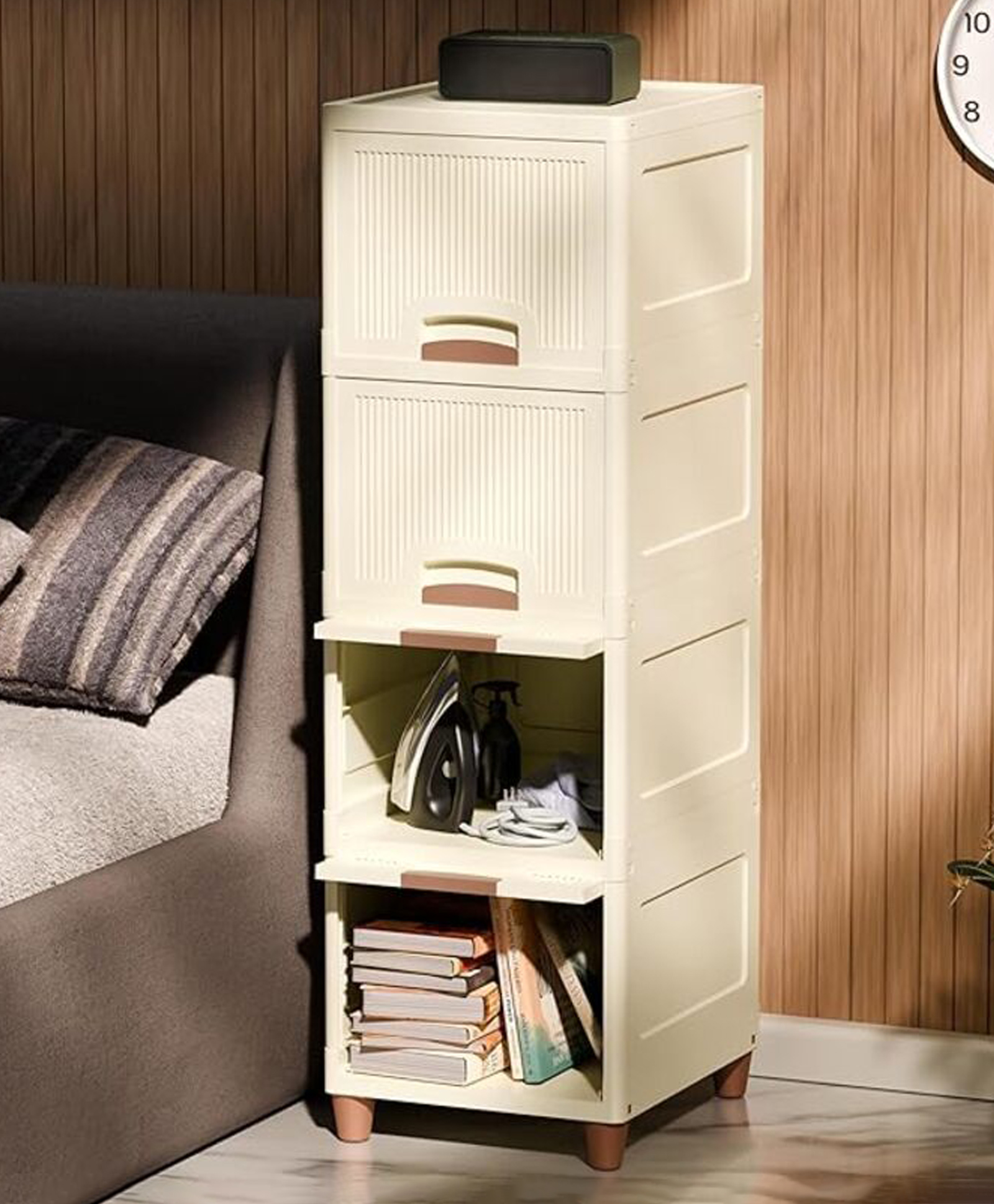 Rasvesh Plastic Modular Storage Box ,Multipurpose Organizer, Stackable Cabinet Foldable/Collapsible 4 Layer, Cream-image-0