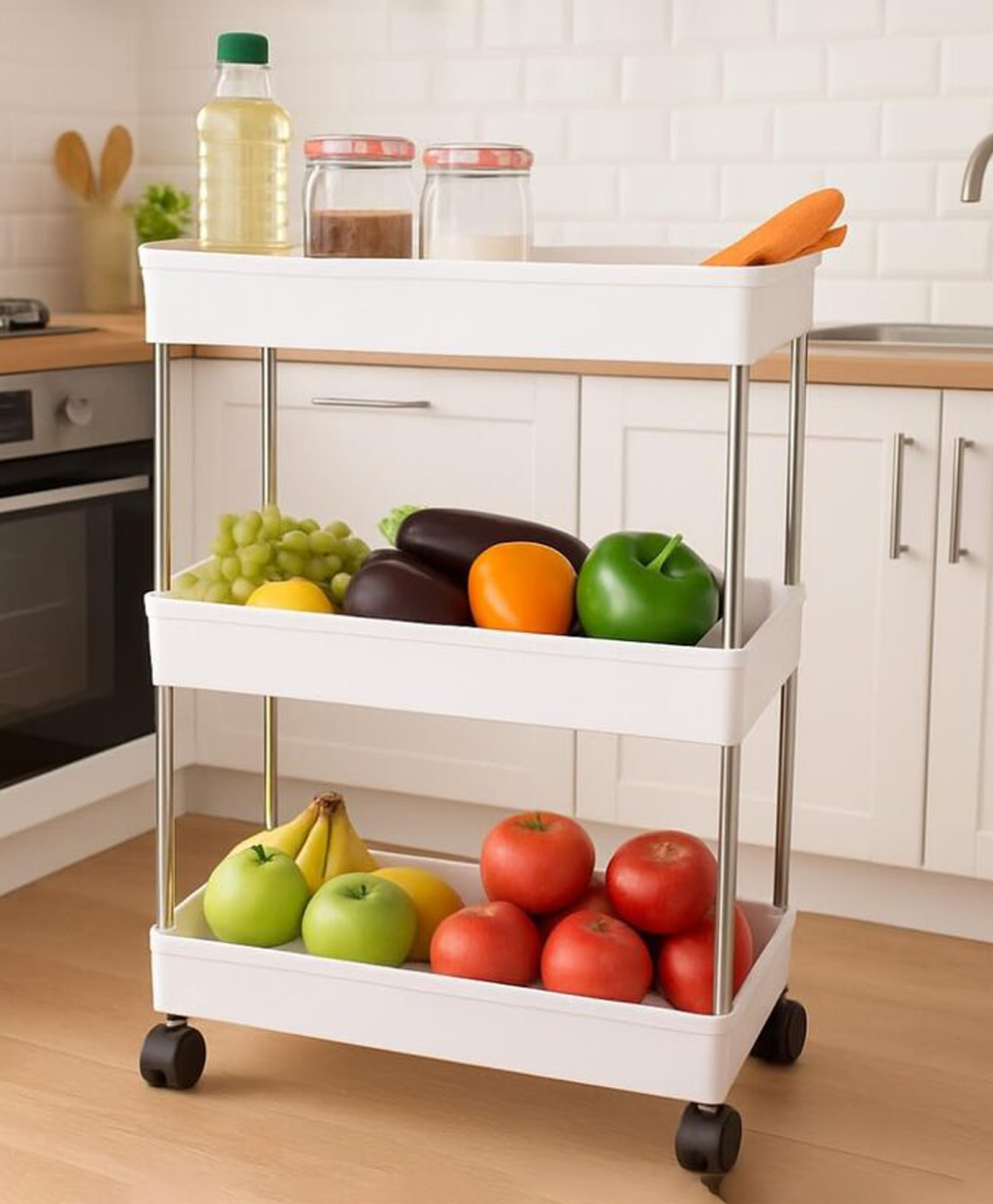 Rasvesh 3 Layer Mobile Storage Organizer Unbreakable Plastic Slim Rack with Wheels, White-image-28