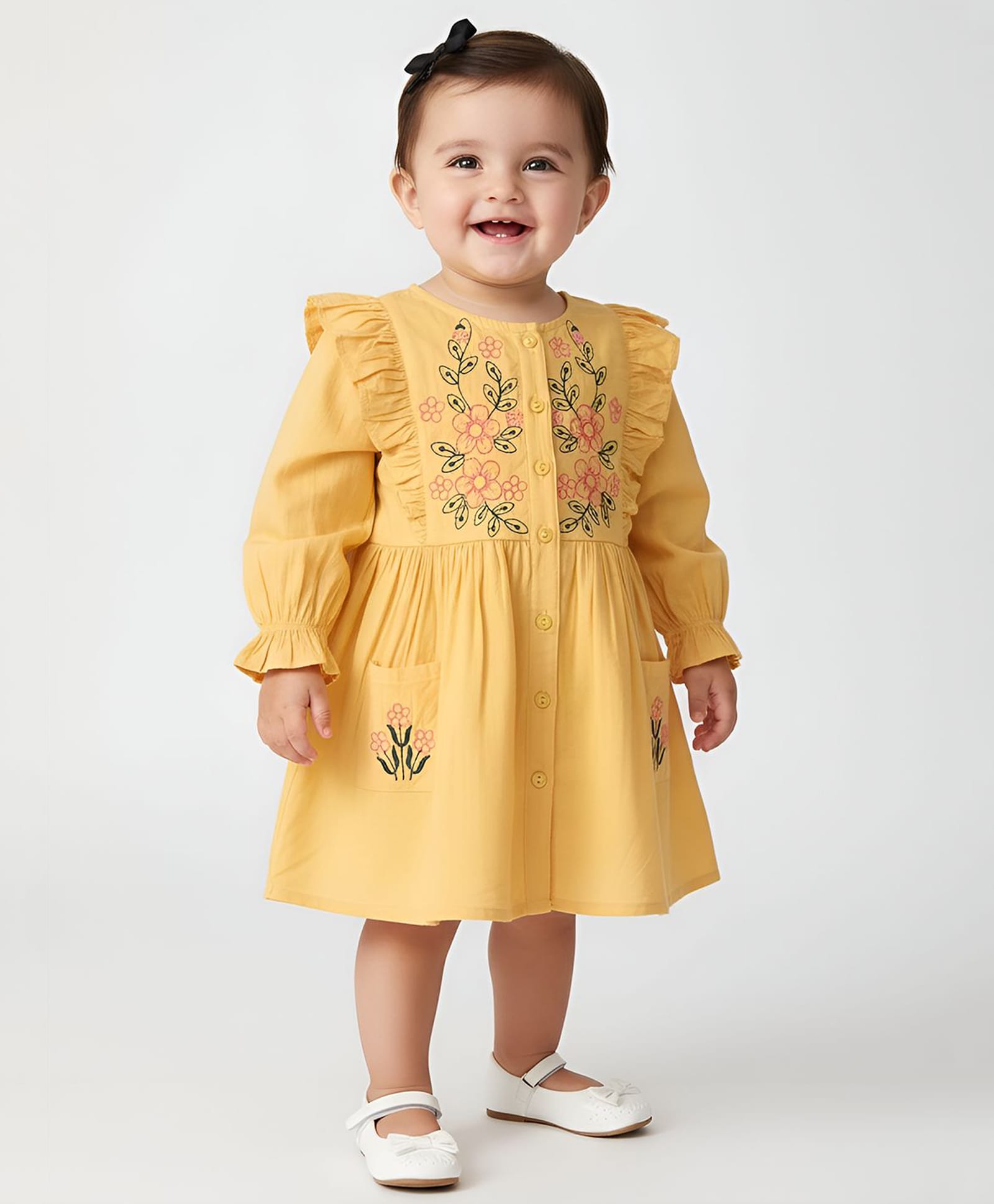 Bella Moda Cotton Woven Full Sleeves Floral Embroidered Frill Detailed Dress - Yellow-picture-34
