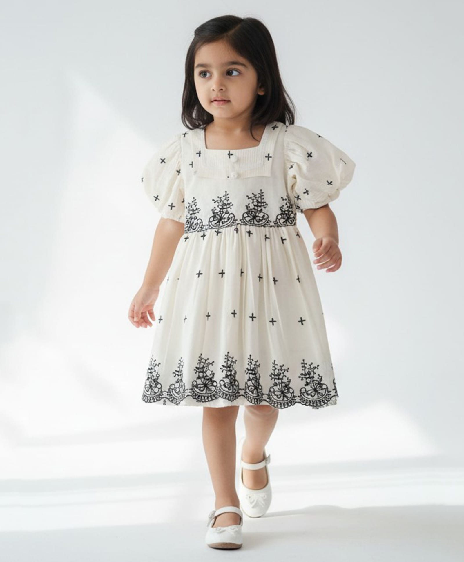 Bella Moda Cotton Woven Half Puffed Sleeves Floral Embroidered Dress - Cream