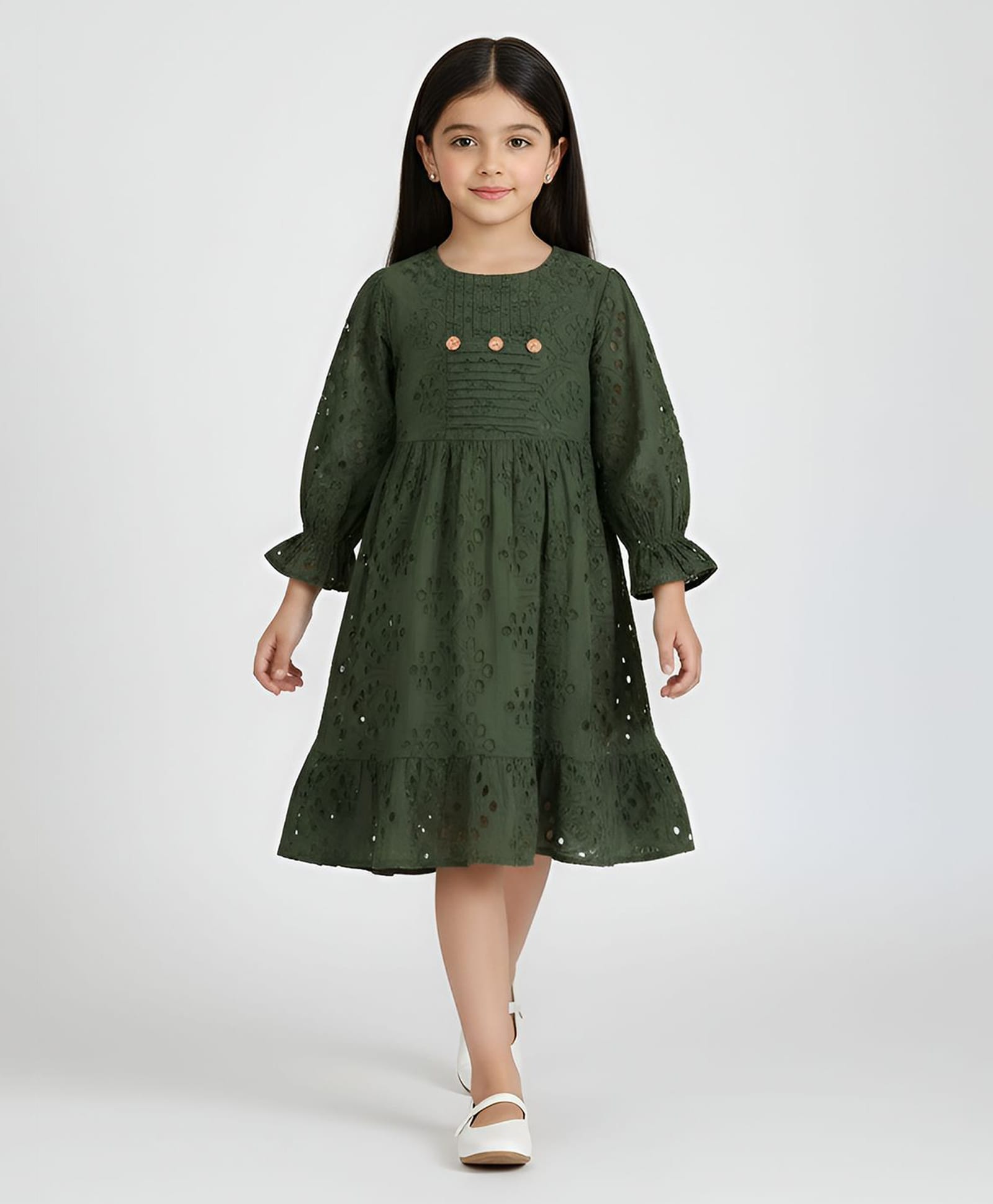 Bella Moda Cotton Woven Three Fourth Puffed Sleeves Floral Designed Dress - Green-picture-39