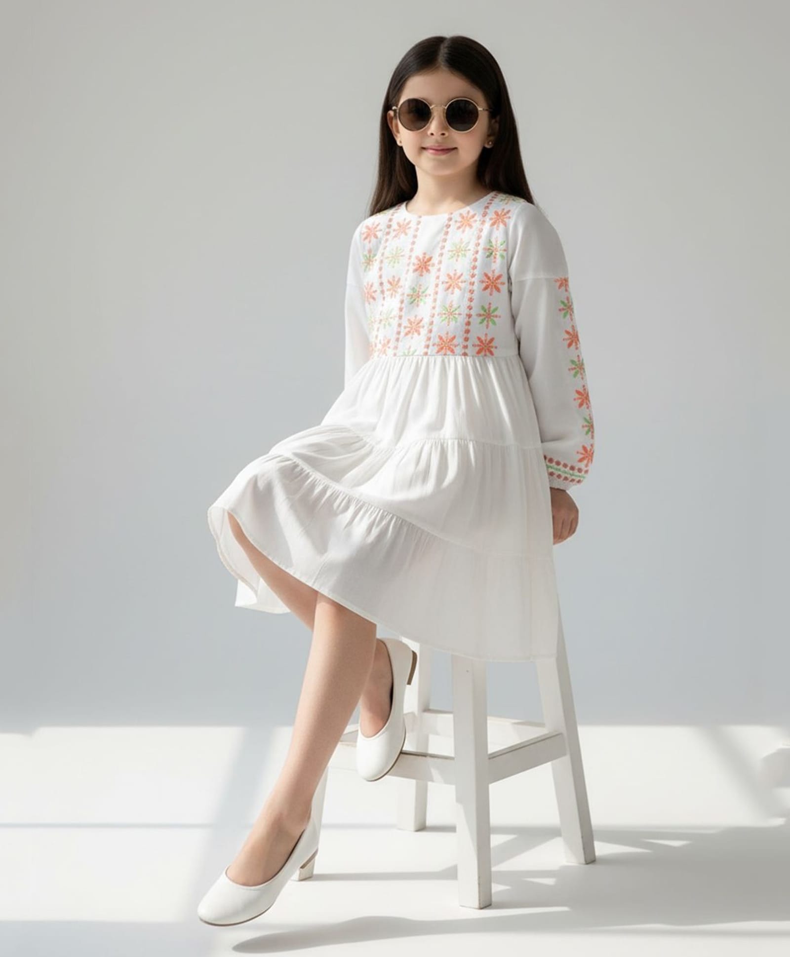 Bella Moda Cotton Woven Full Puffed Sleeves Floral Embroidered Dress - White-image-33