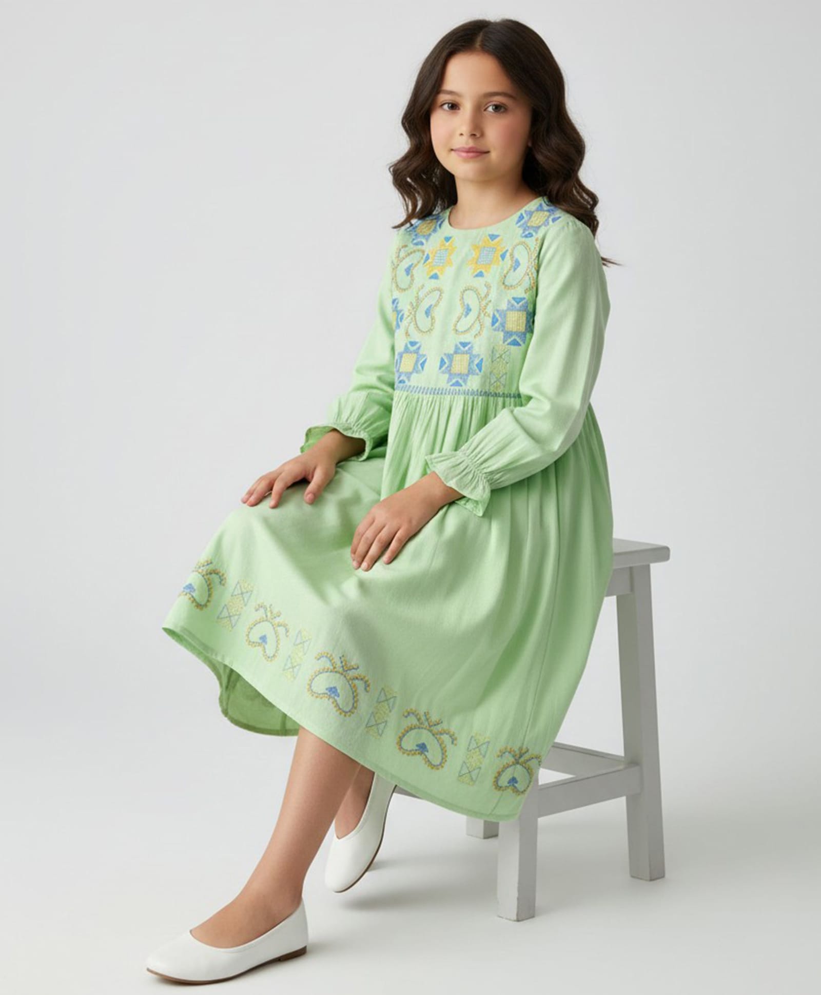 Bella Moda Cotton Woven Full Sleeves Abstract Embroidered Dress - Sea Green-picture-26