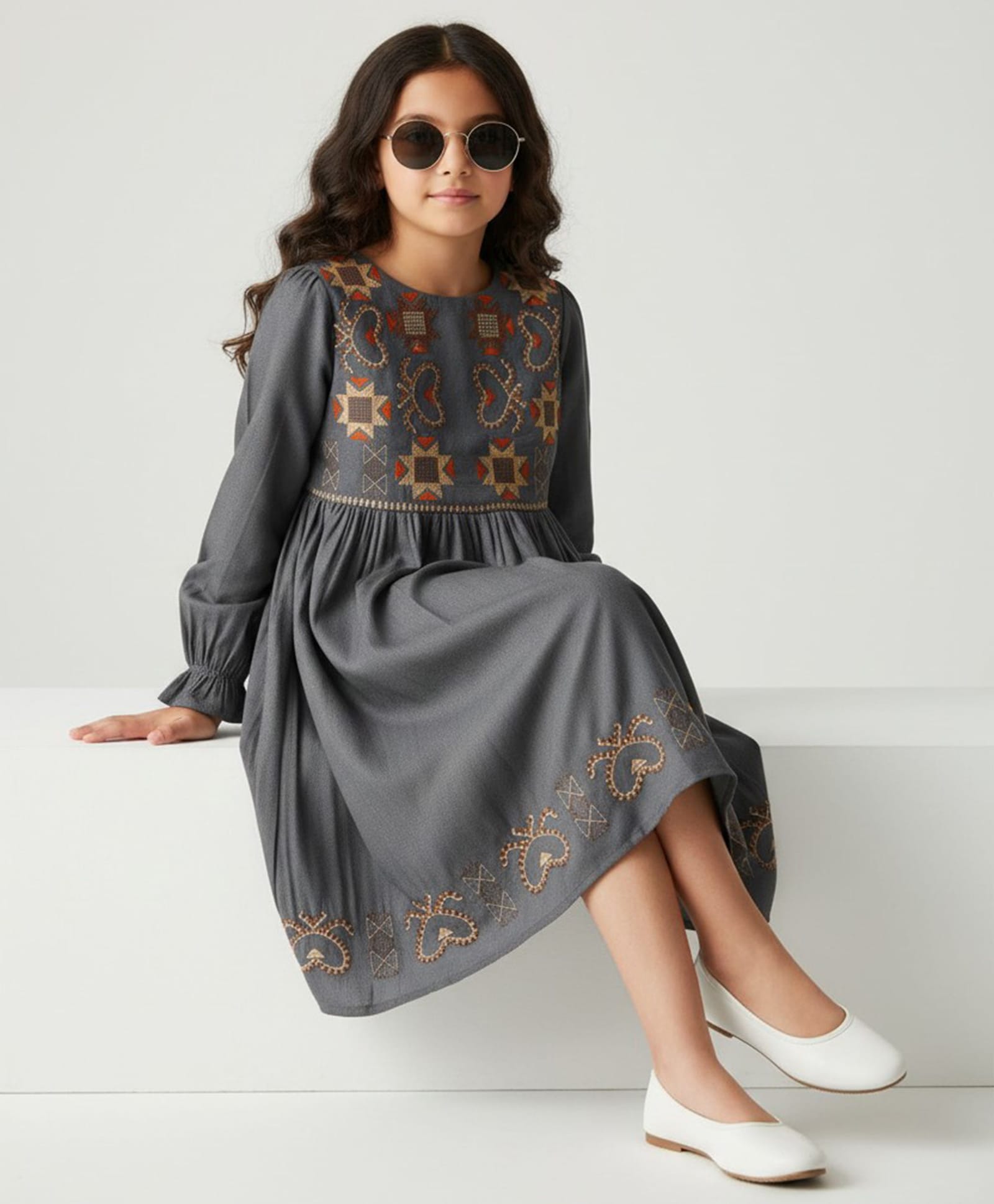 Bella Moda Cotton Woven Full Sleeves Abstract Embroidered Dress - Grey-image-20