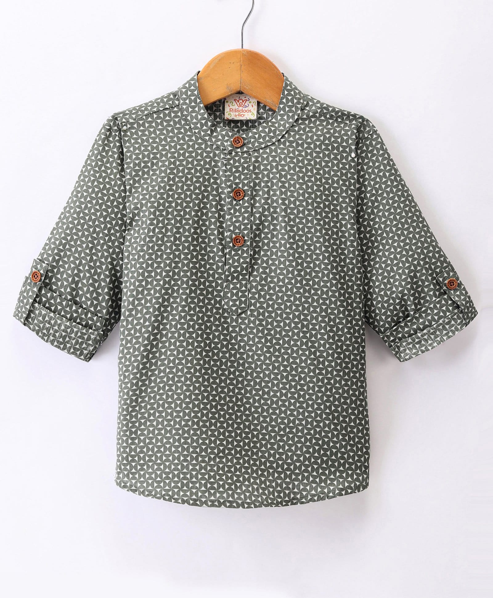 Rikidoos Cotton Woven Full Sleeves Mandarin Collar Kurta Style Shirt - Olive Green-image-4