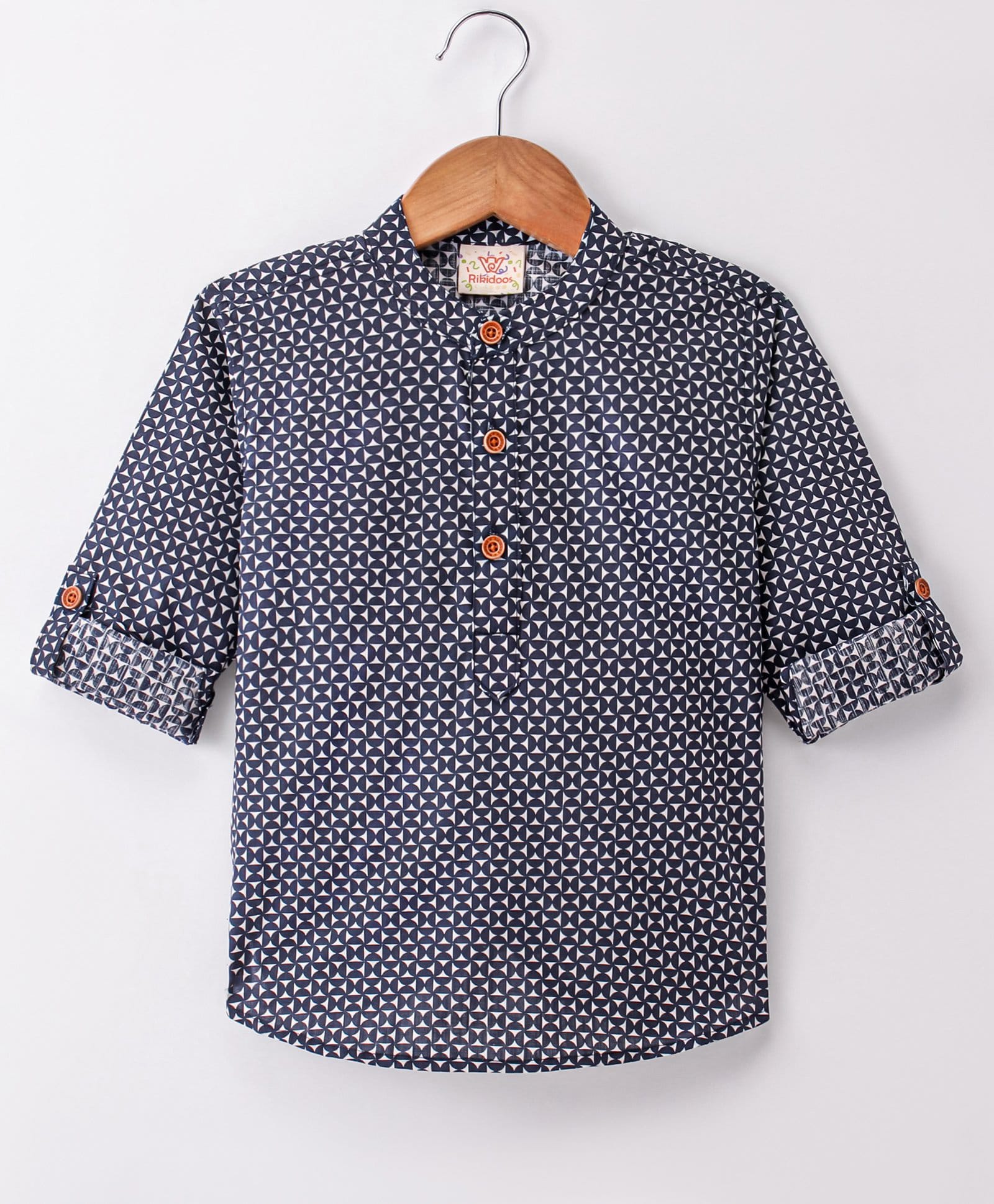 Rikidoos Cotton Woven Full Sleeves Mandarin Collar Kurta Style Shirt - Navy Blue-picture-20