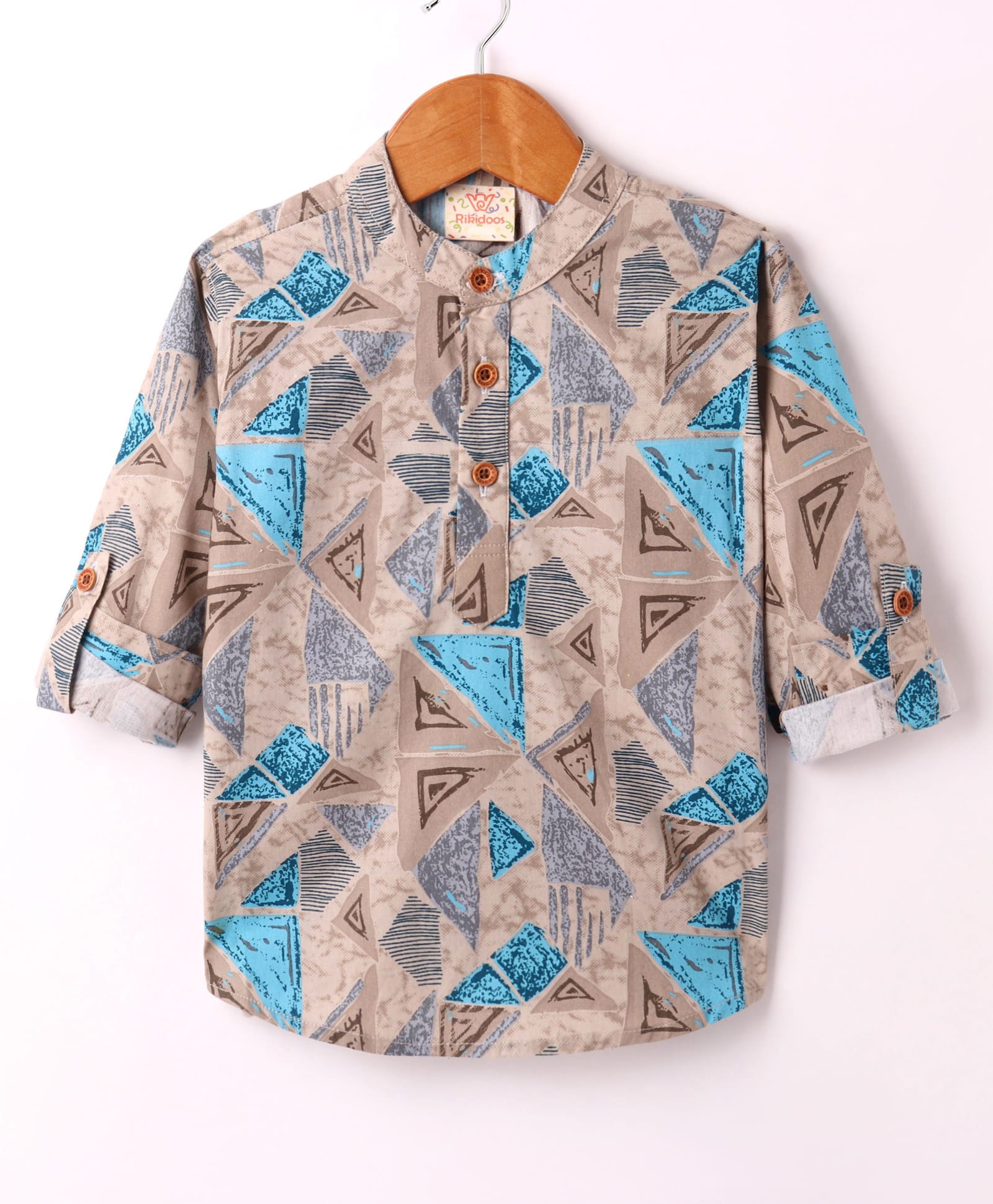 Rikidoos Cotton Woven Full Sleeves Mandarin Collar Kurta Style Shirt With Triangular Shape Print - Grey-image-25