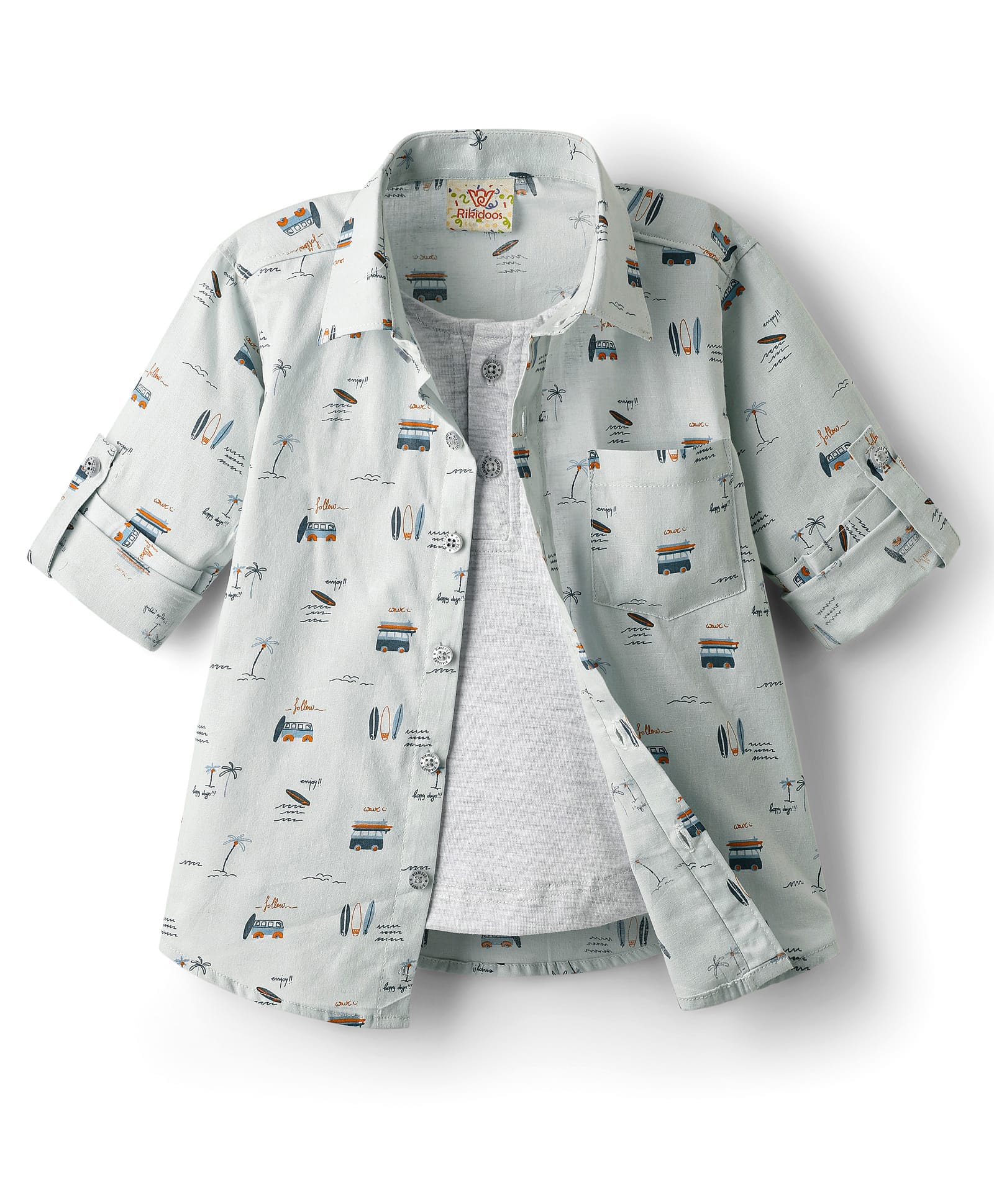 Rikidoos Cotton Woven Full Sleeves Beach Theme Printed Shirt with Attached T-Shirt - Light Grey-image-32